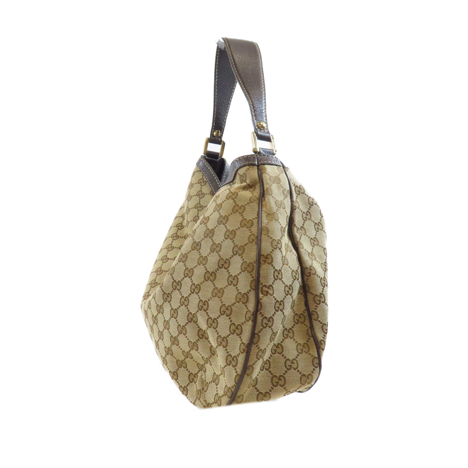 GUCCI 帆布/皮革Shoulder Bag金扣肩背袋棕色