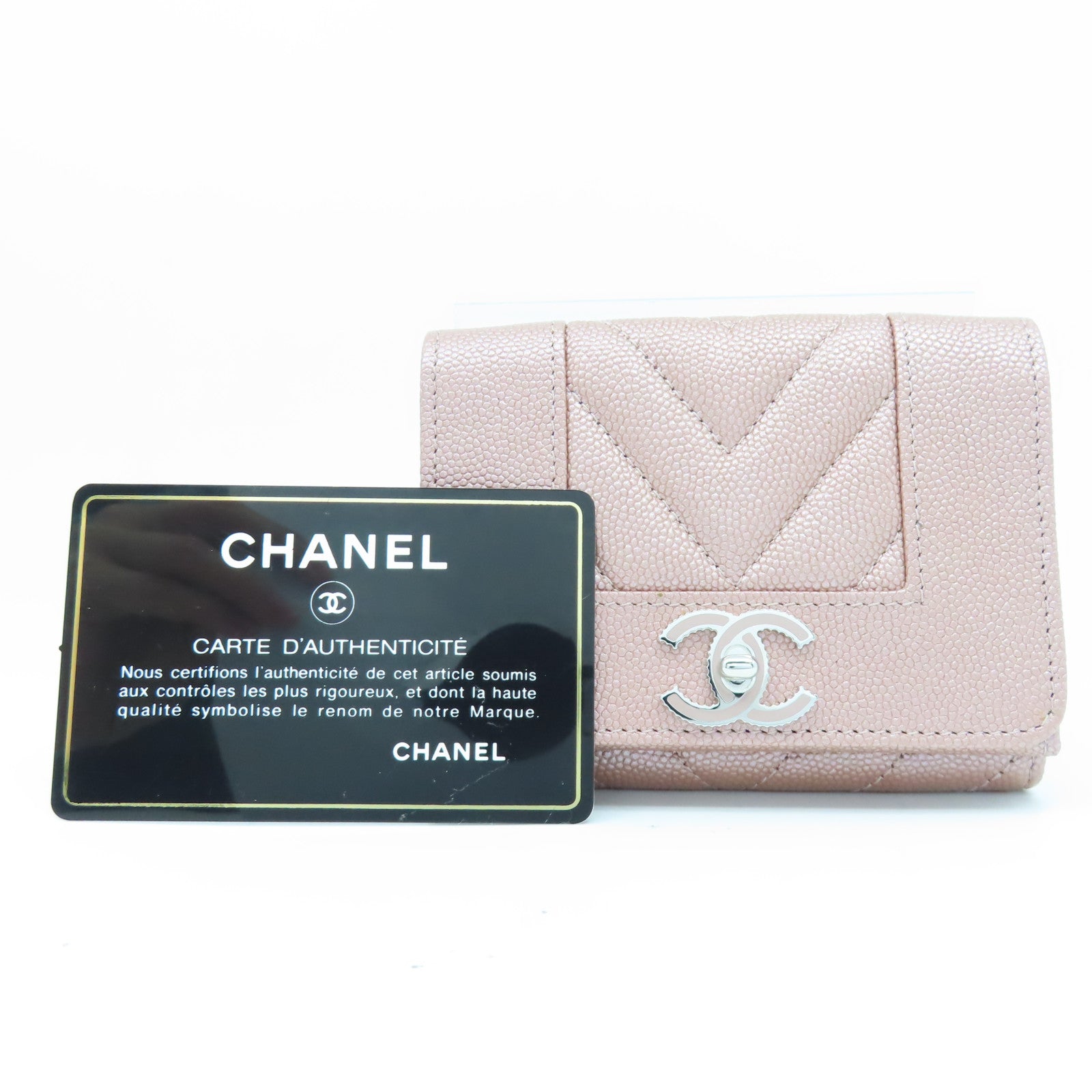CHANEL 【激減優惠】斜紋Caviar皮革Wallet銀扣錢包粉紅色