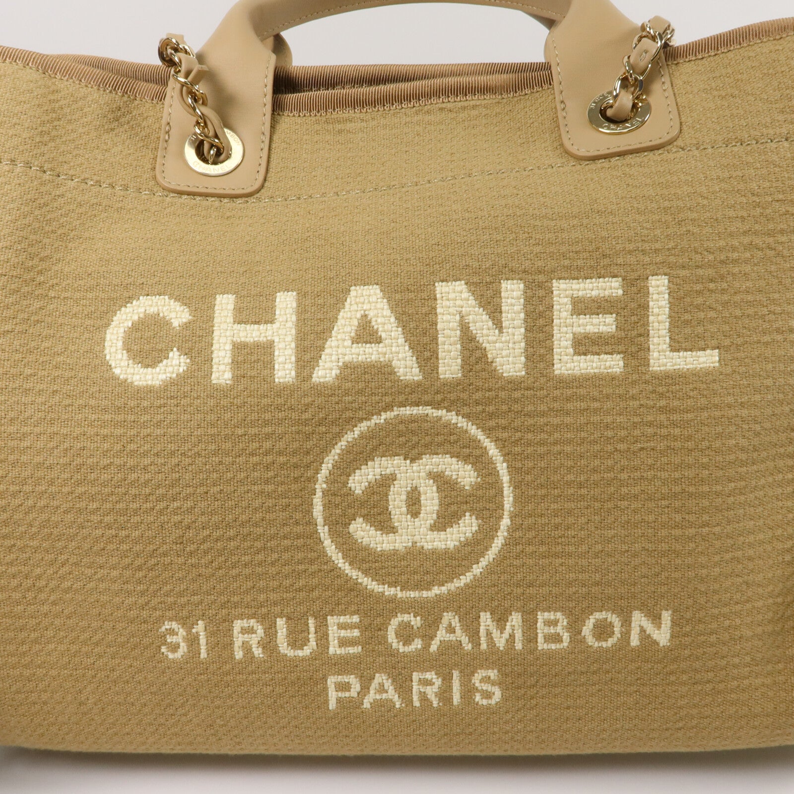 CHANEL 帆布/皮革Deauville Medium鏈帶手挽肩背兩用袋