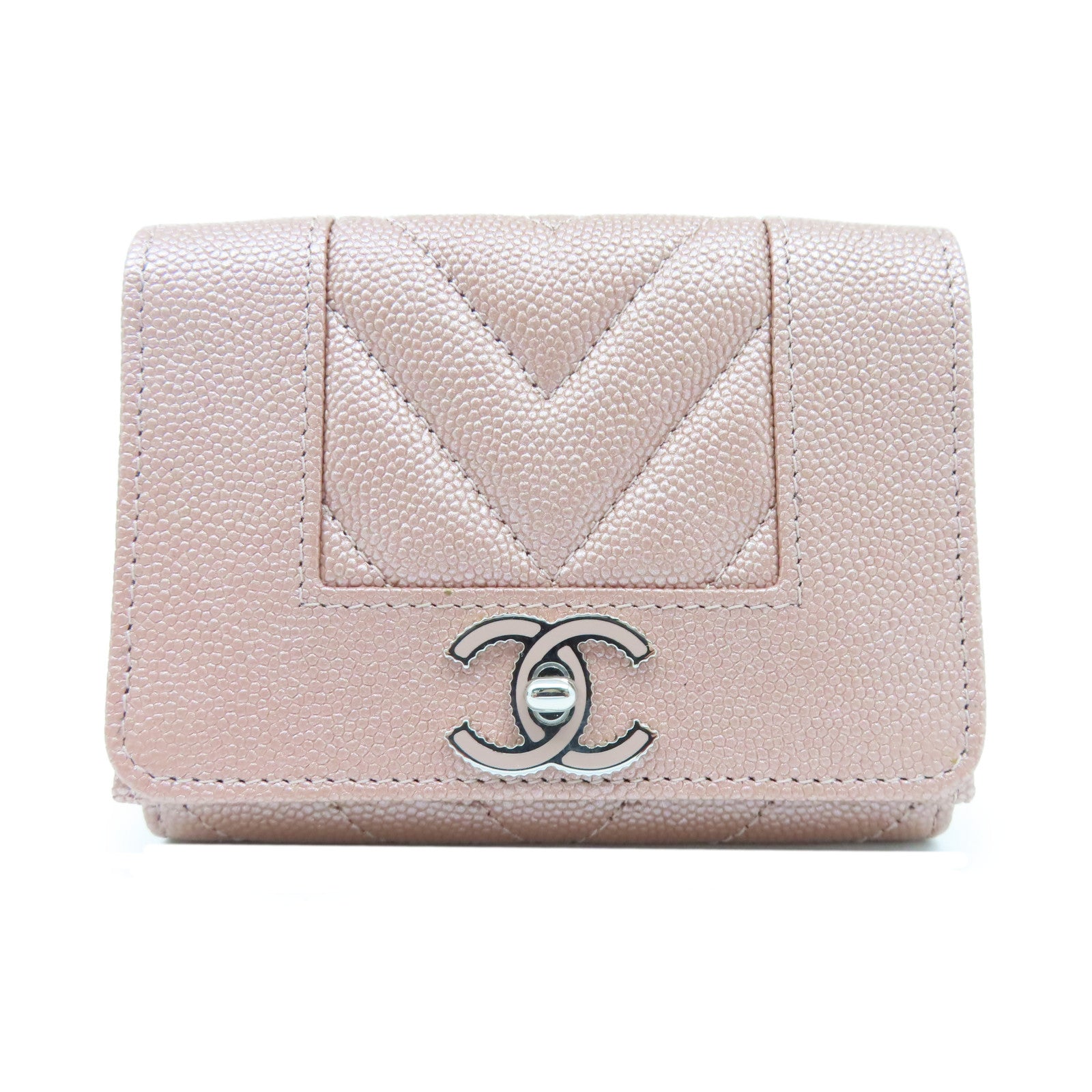 CHANEL 【激減優惠】斜紋Caviar皮革Wallet銀扣錢包粉紅色