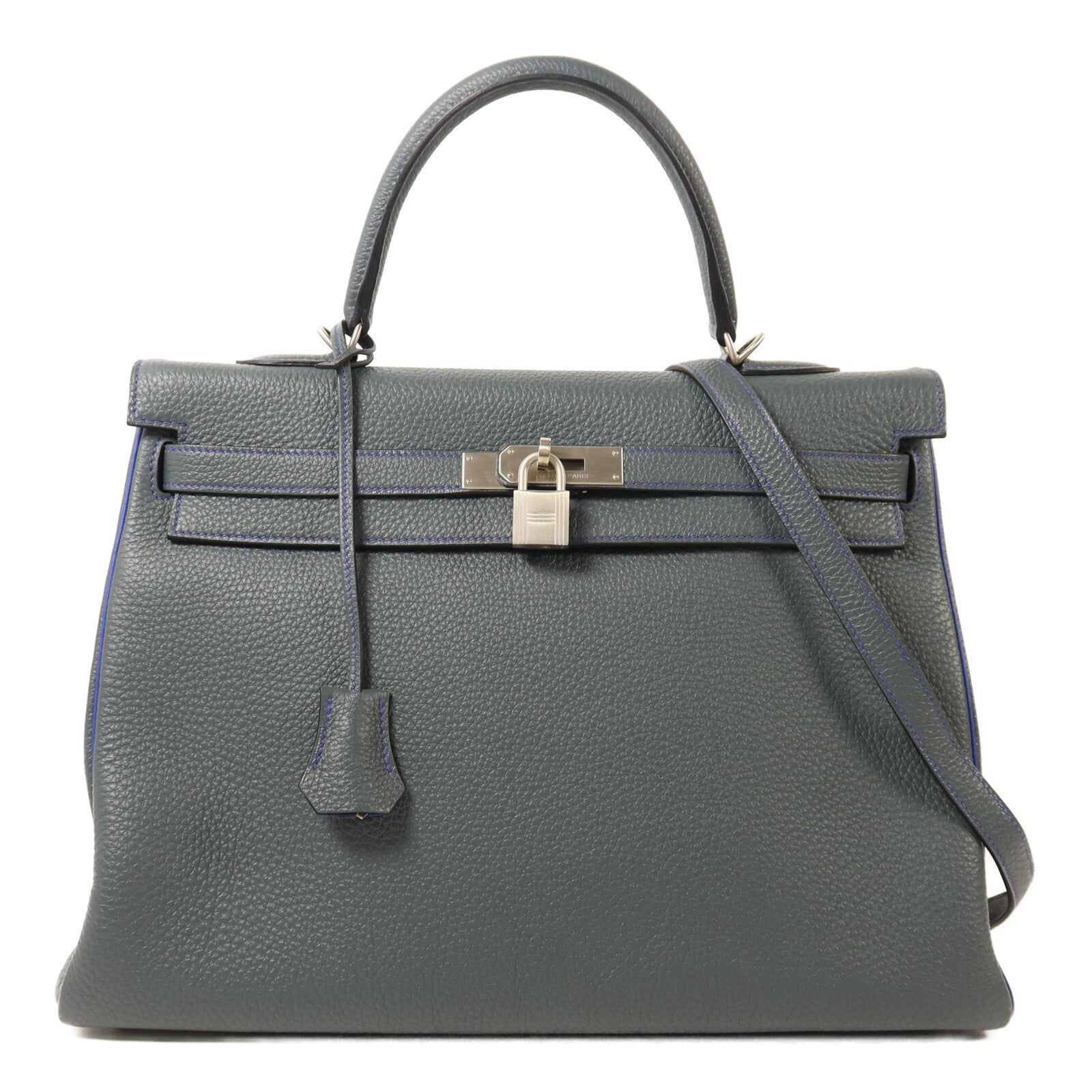 HERMES Clemence皮革Kelly 32銀扣手挽袋Bleu Orage/Bleu Electrique