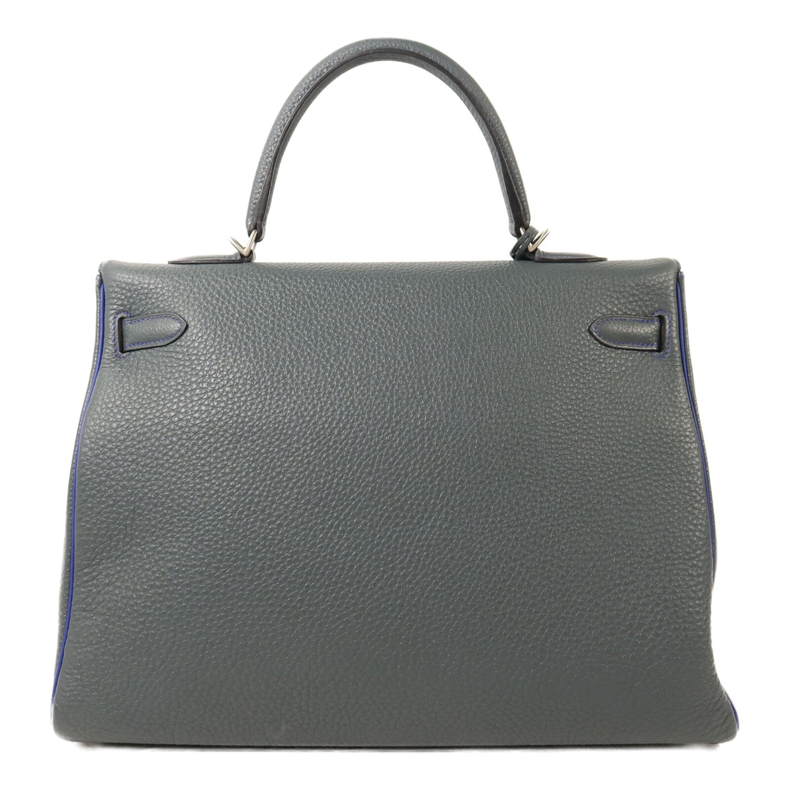 HERMES Clemence皮革Kelly 32銀扣手挽袋Bleu Orage/Bleu Electrique
