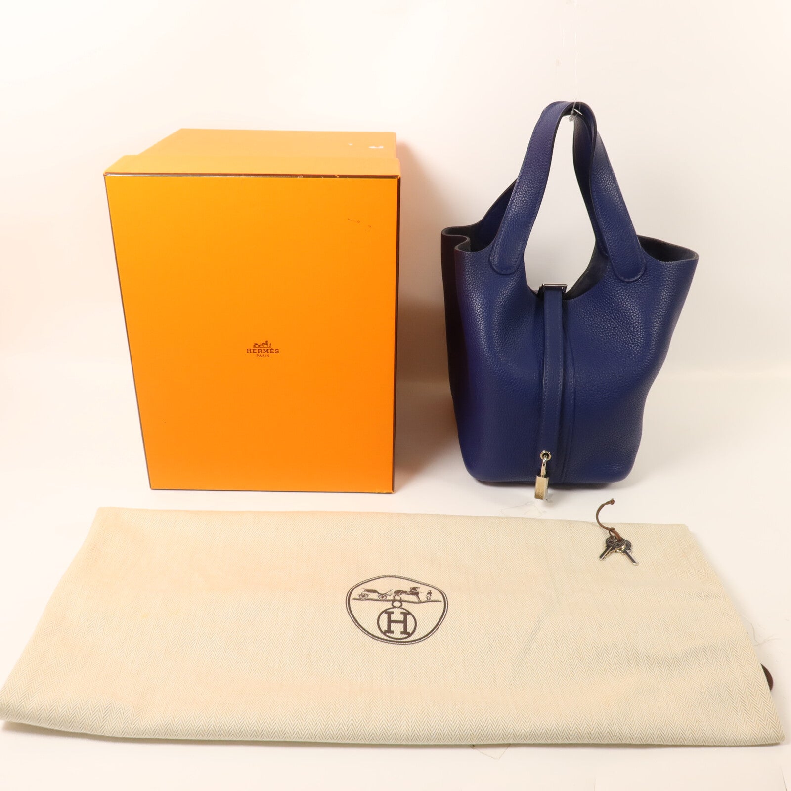 HERMES Clemence皮革Picotin PM手挽袋Bleu Saphir