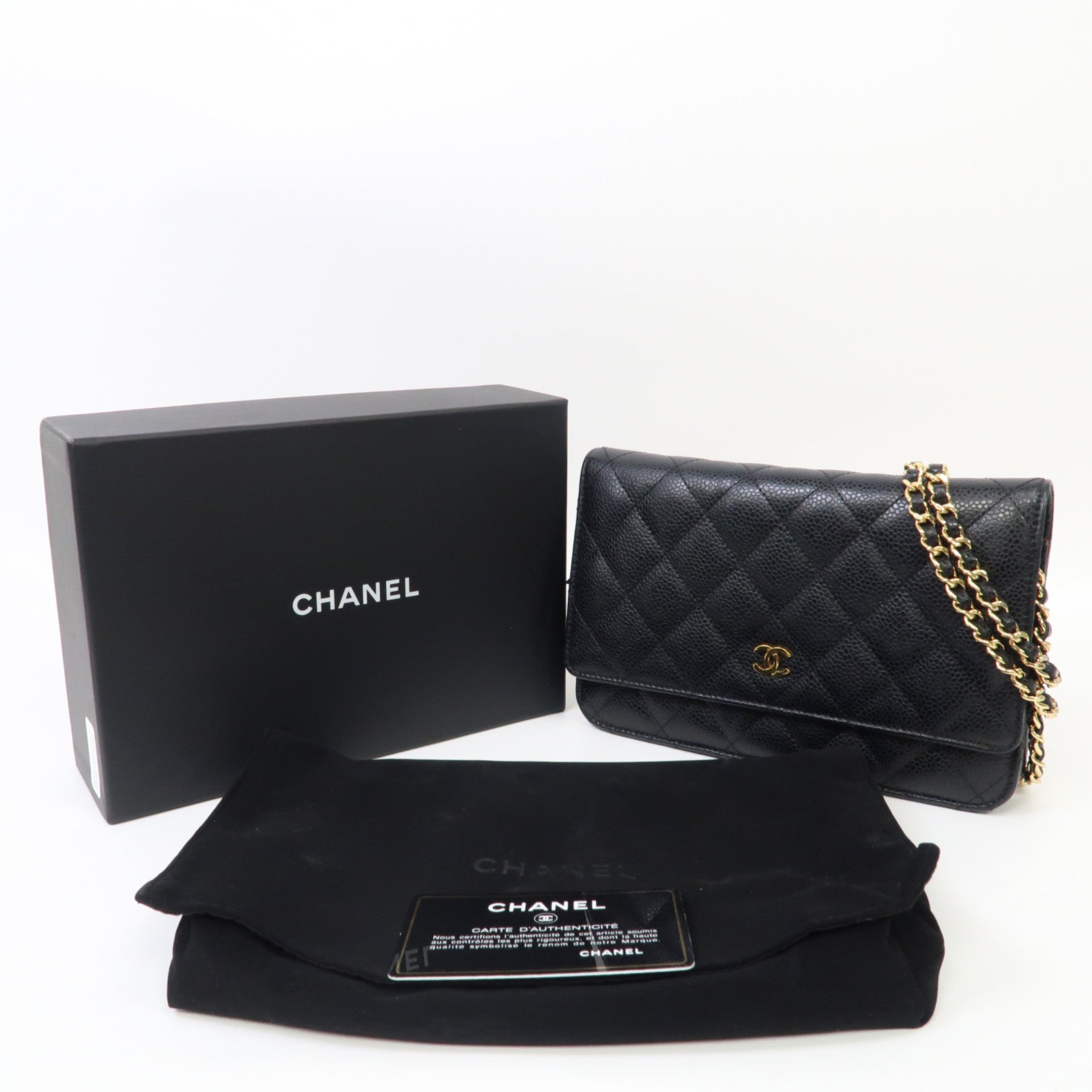 CHANEL 菱格Caviar皮革Wallet On Chain金扣鏈帶肩背袋黑色