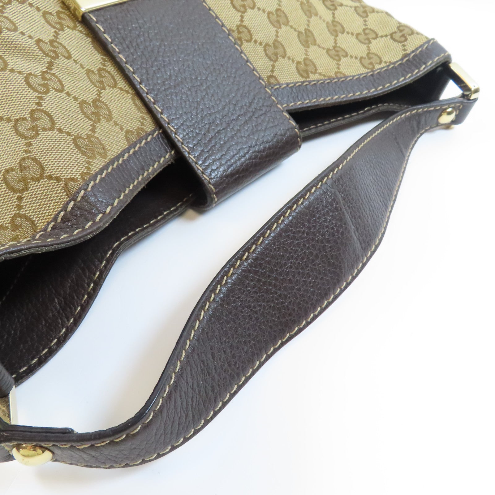 GUCCI 帆布/皮革Shoulder Bag金扣肩背袋棕色