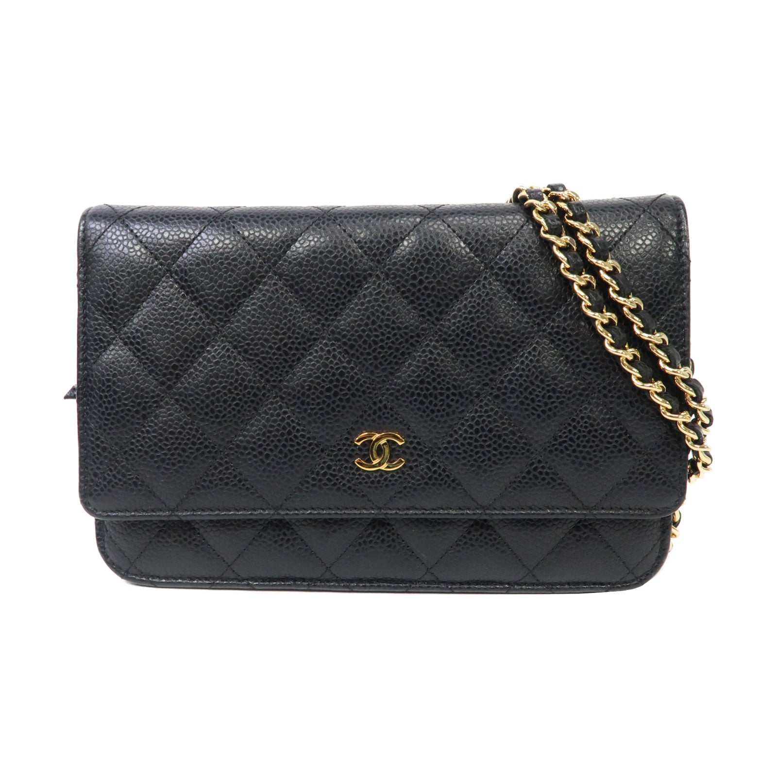 CHANEL 菱格Caviar皮革Wallet On Chain金扣鏈帶肩背袋黑色