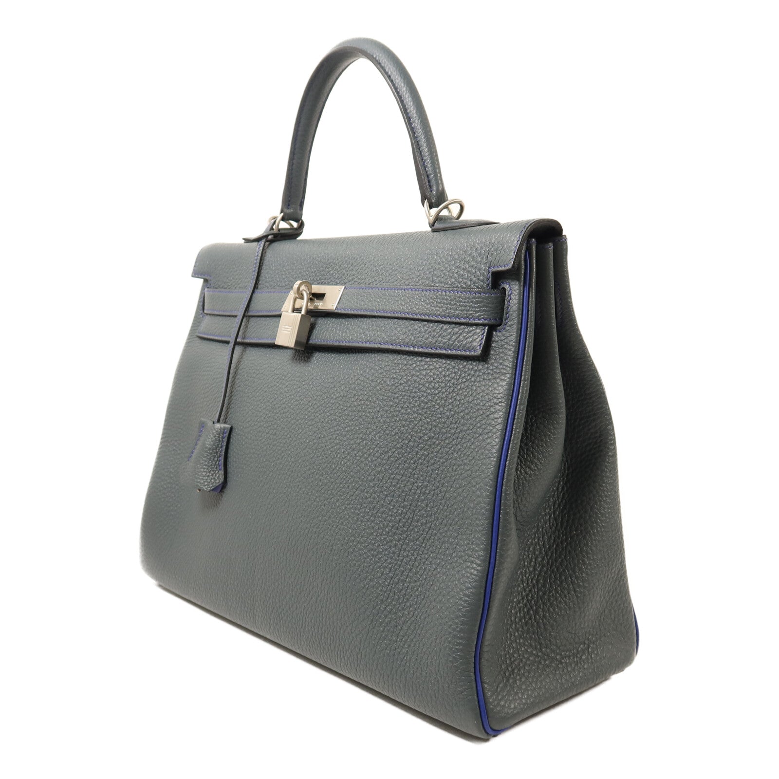 HERMES Clemence皮革Kelly 32銀扣手挽袋Bleu Orage/Bleu Electrique