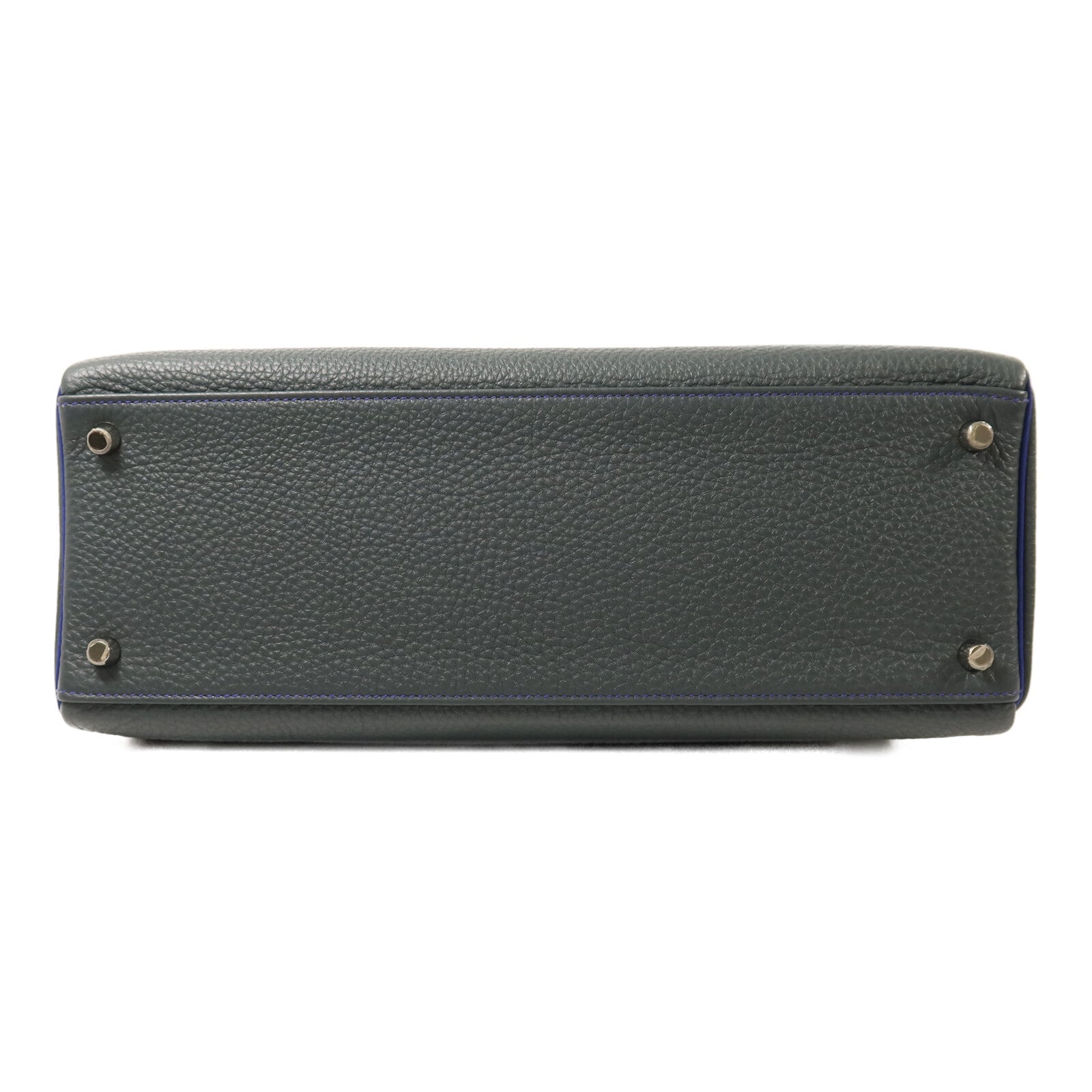 HERMES Clemence皮革Kelly 32銀扣手挽袋Bleu Orage/Bleu Electrique