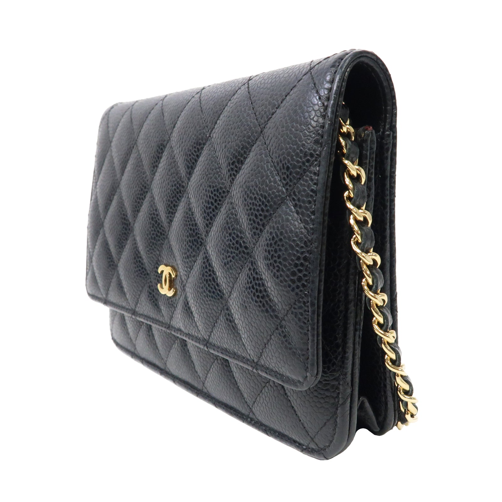 CHANEL 菱格Caviar皮革Wallet On Chain金扣鏈帶肩背袋黑色