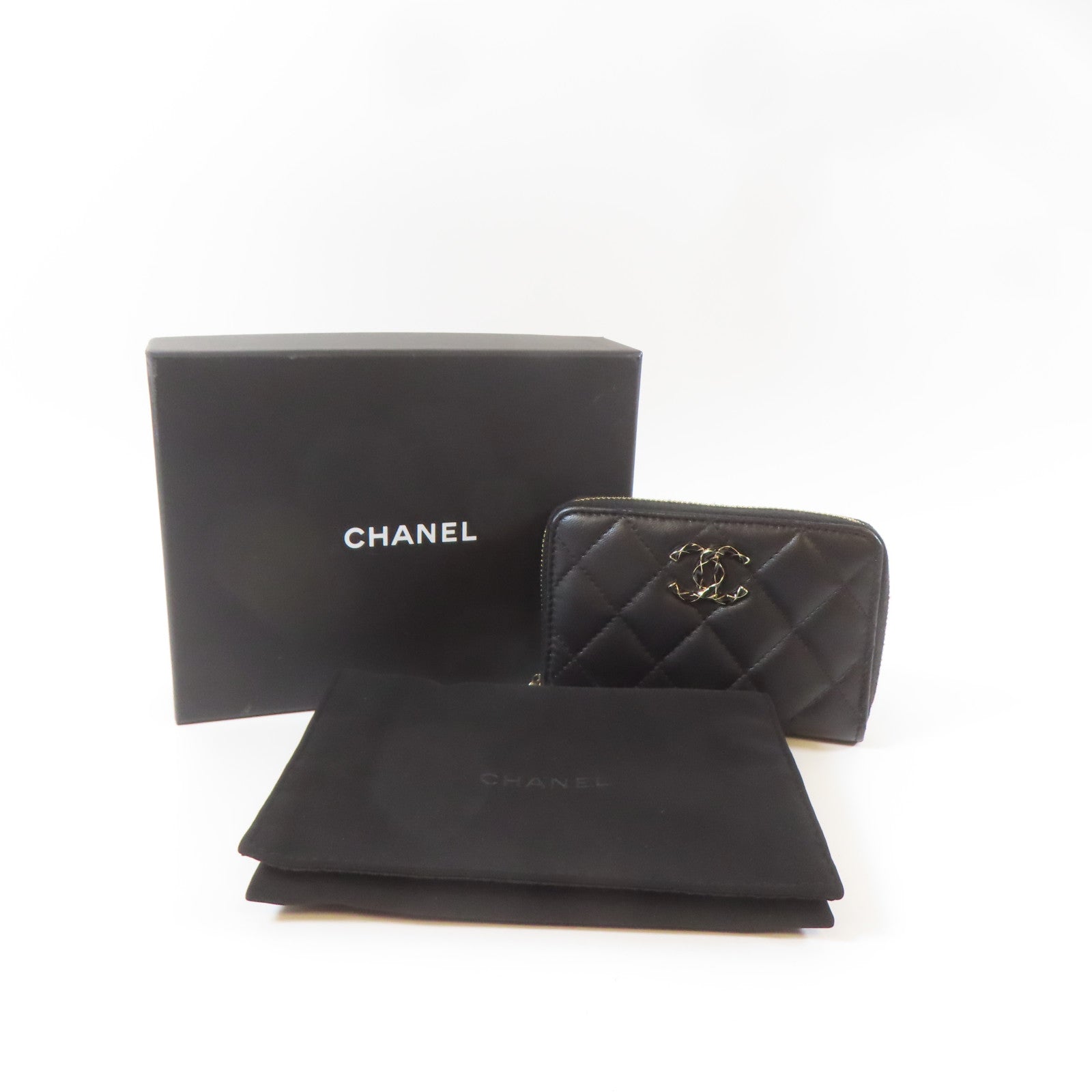 CHANEL 菱格羊皮皮革Card Coin Case金扣卡片套黑色