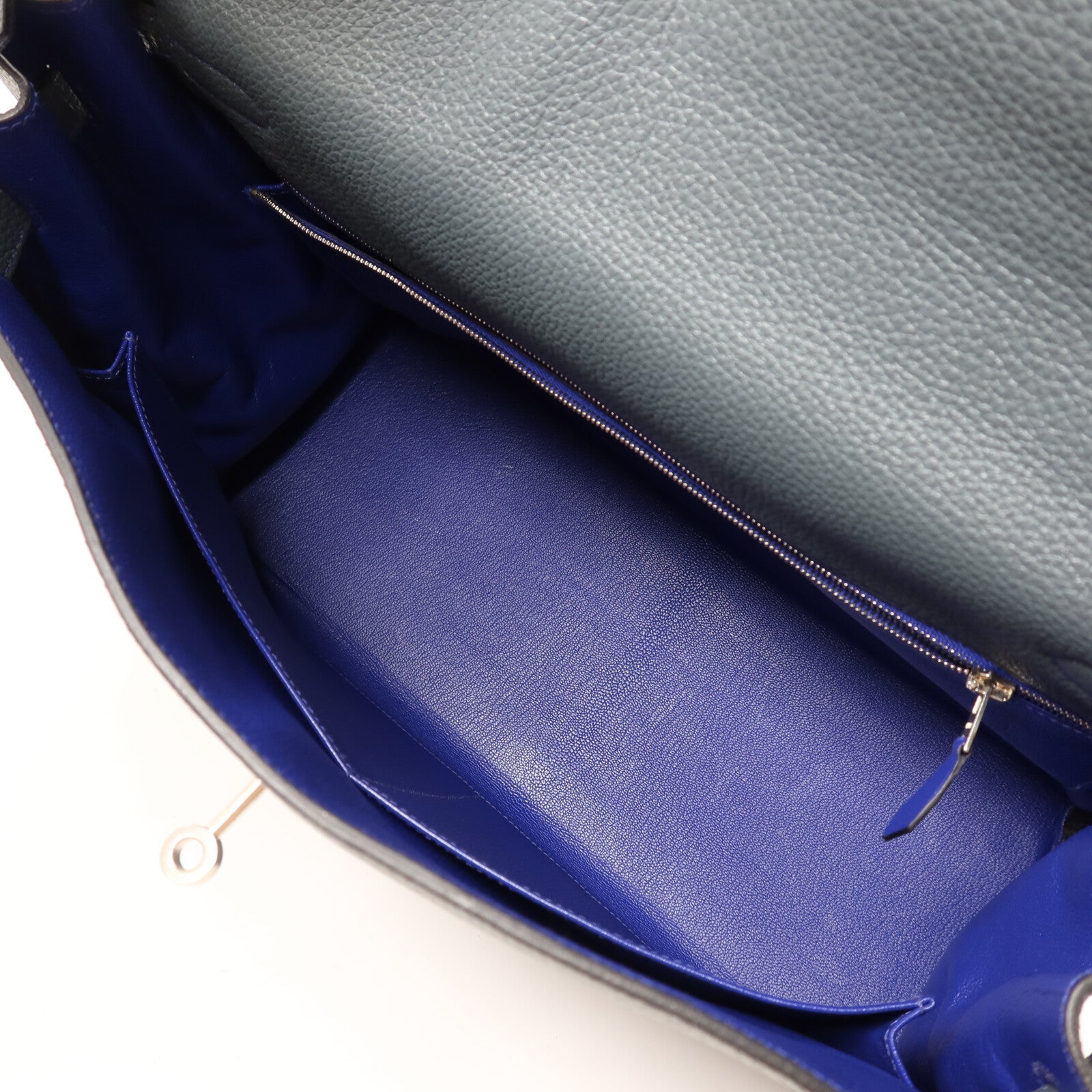 HERMES Clemence皮革Kelly 32銀扣手挽袋Bleu Orage/Bleu Electrique