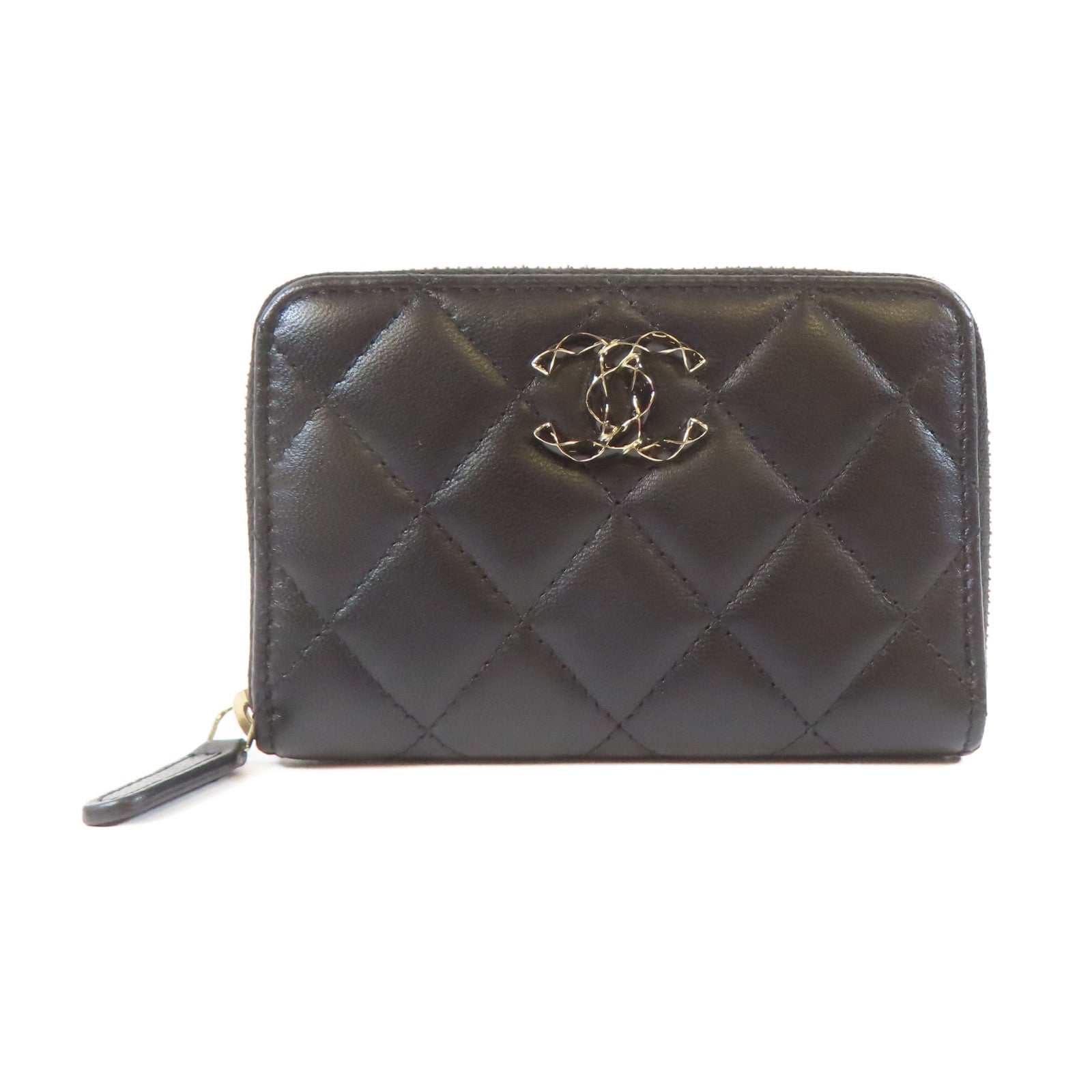 CHANEL 菱格羊皮皮革Card Coin Case金扣卡片套黑色