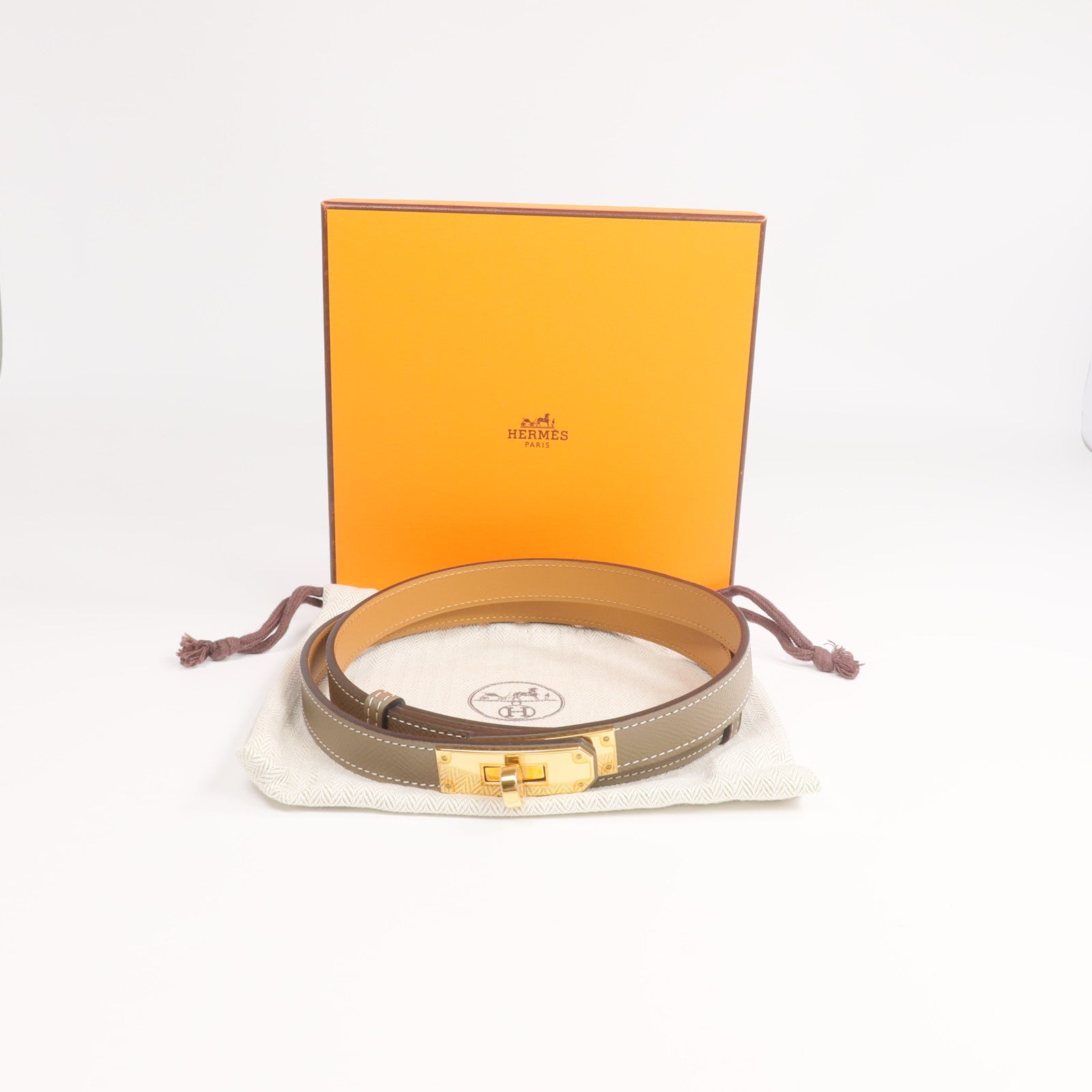 HERMES Epsom皮革Kelly Belt金扣皮帶Etoupe/Gold