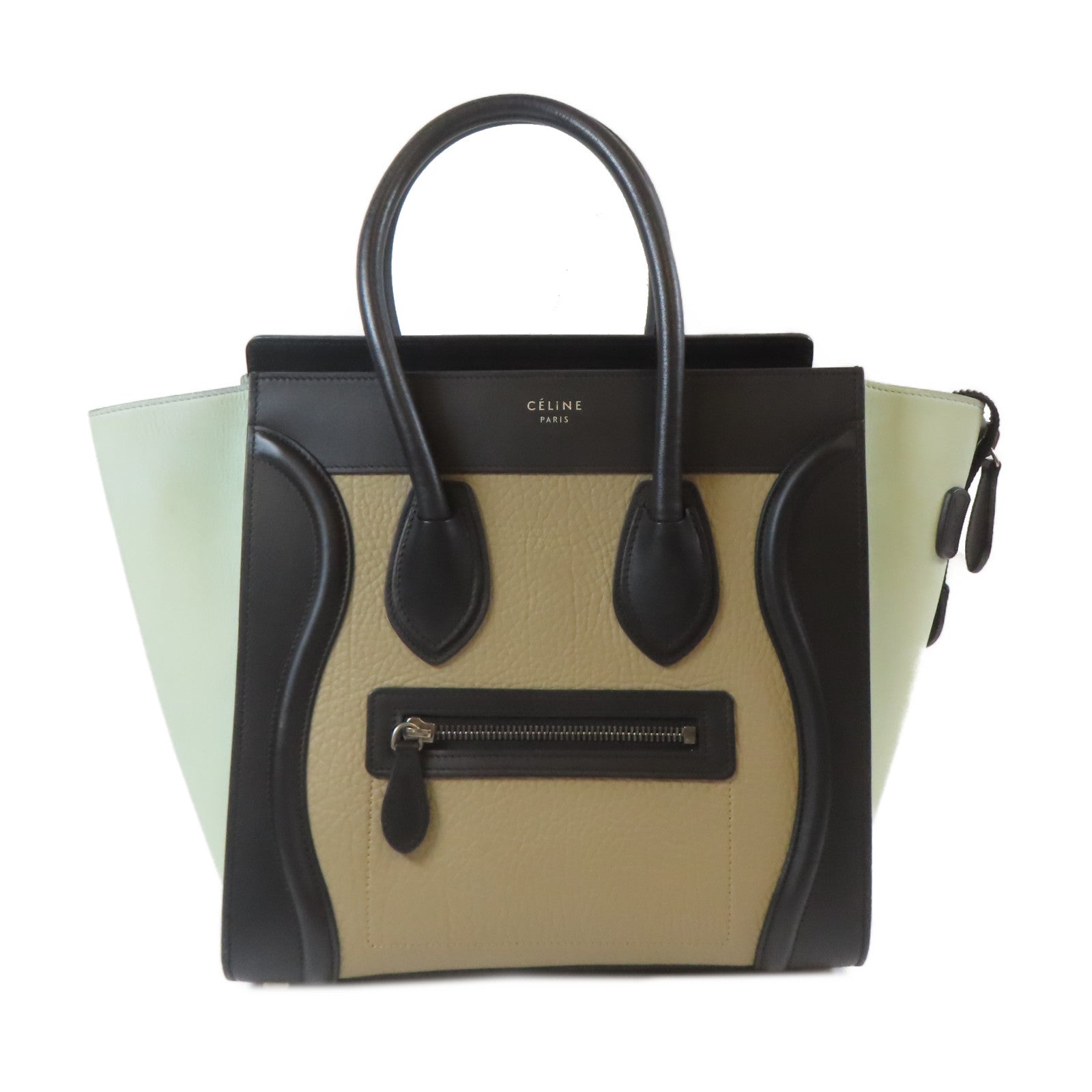 CELINE 牛皮皮革Micro Luggage銀扣手挽袋黑色/綠色