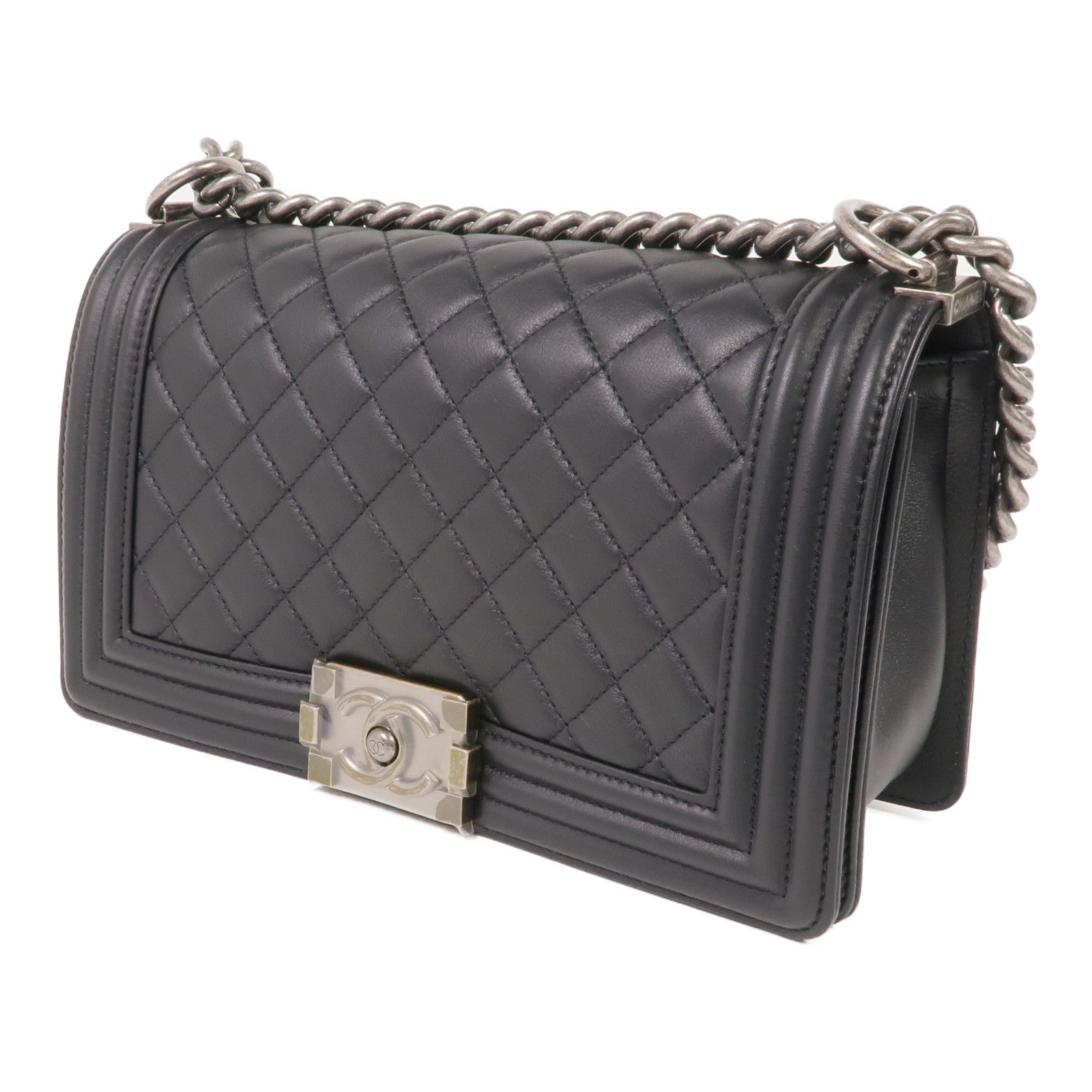 CHANEL 牛皮皮革Boy 25銀扣鏈帶肩背袋