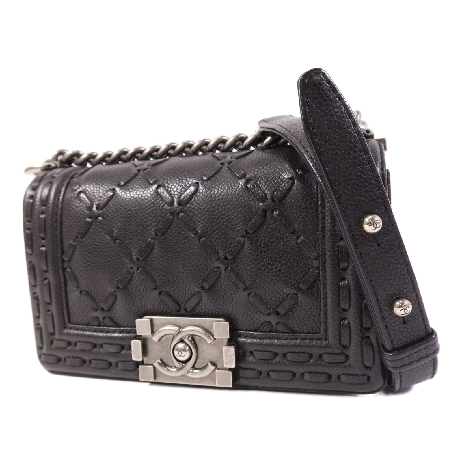 CHANEL 牛皮皮革Le Boy 20銀扣鏈帶肩背袋