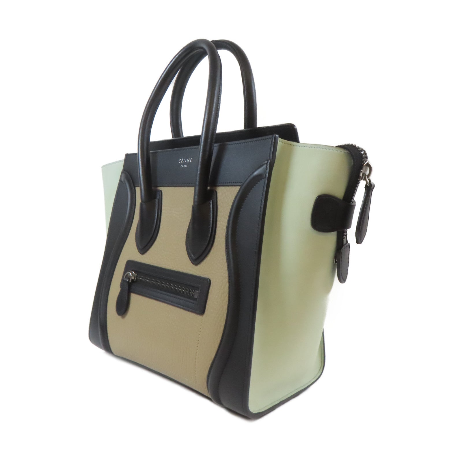 CELINE 牛皮皮革Micro Luggage銀扣手挽袋黑色/綠色