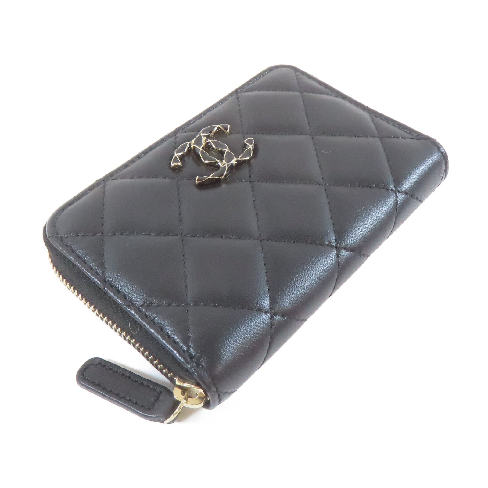 CHANEL 菱格羊皮皮革Card Coin Case金扣卡片套黑色