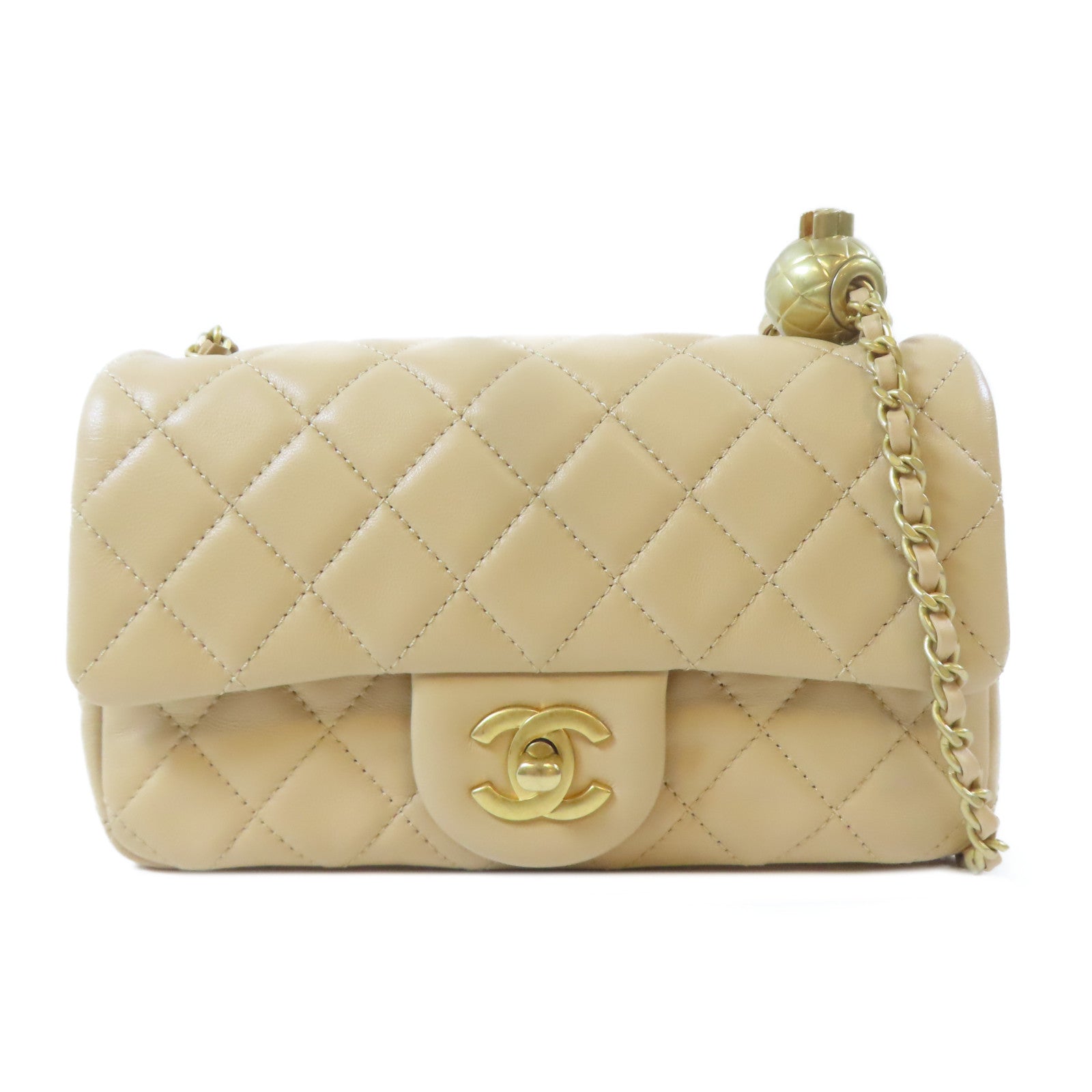 CHANEL 【激減優惠】菱格羊皮皮革Flap Bag金扣鏈帶肩背袋米色