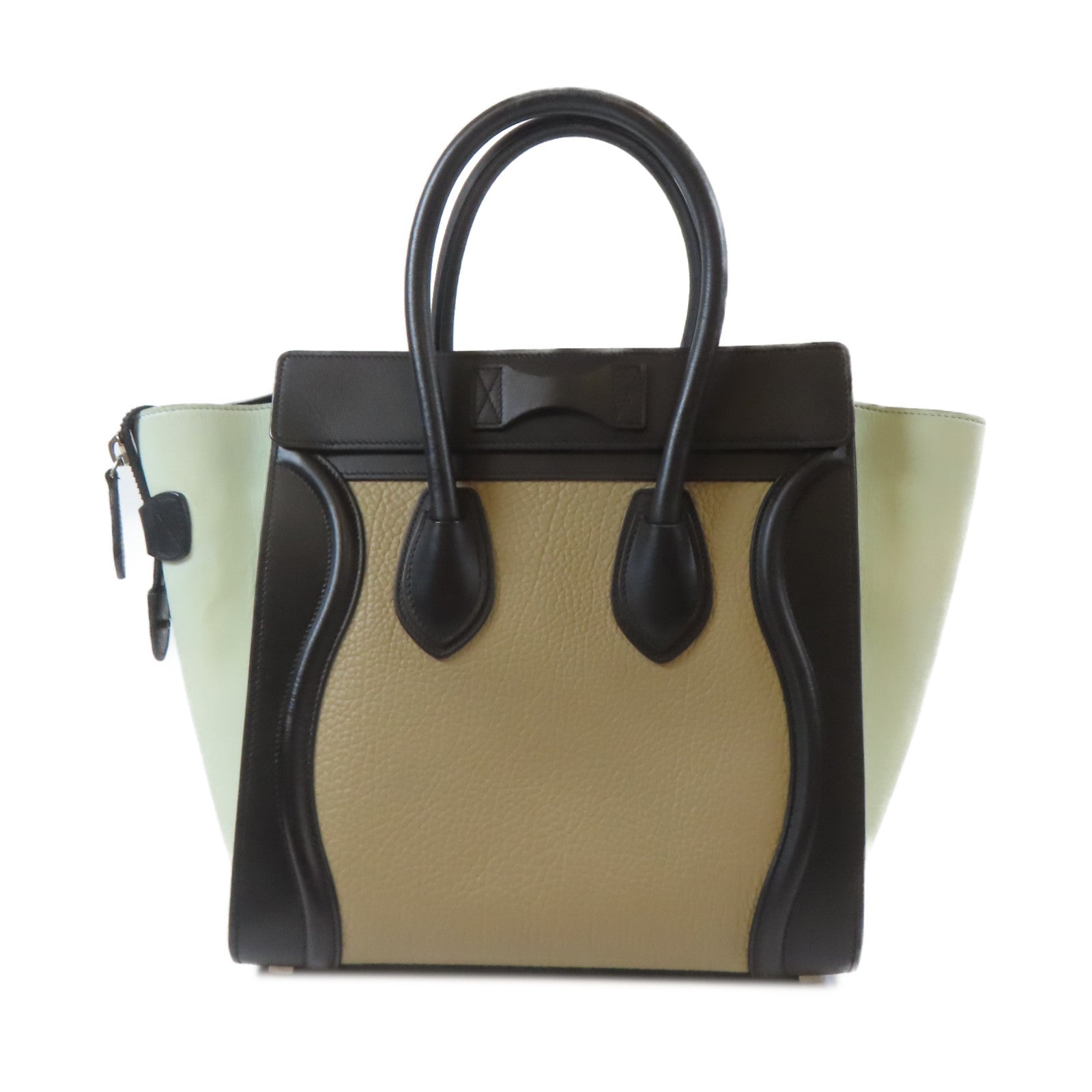 CELINE 牛皮皮革Micro Luggage銀扣手挽袋黑色/綠色