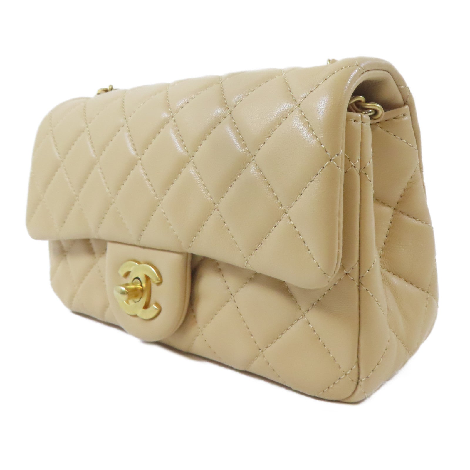 CHANEL 【激減優惠】菱格羊皮皮革Flap Bag金扣鏈帶肩背袋米色
