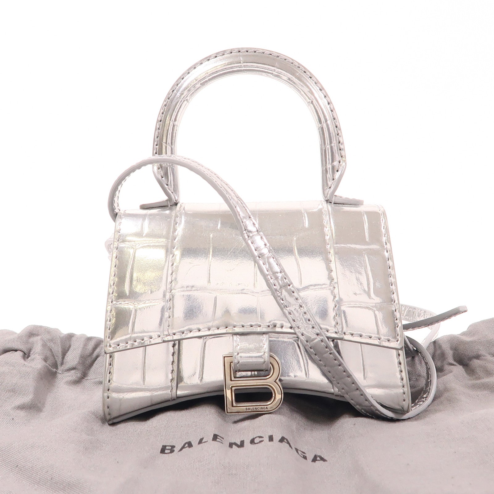BALENCIAGA 牛皮皮革Mini Hourglass銀扣手挽肩背兩用袋