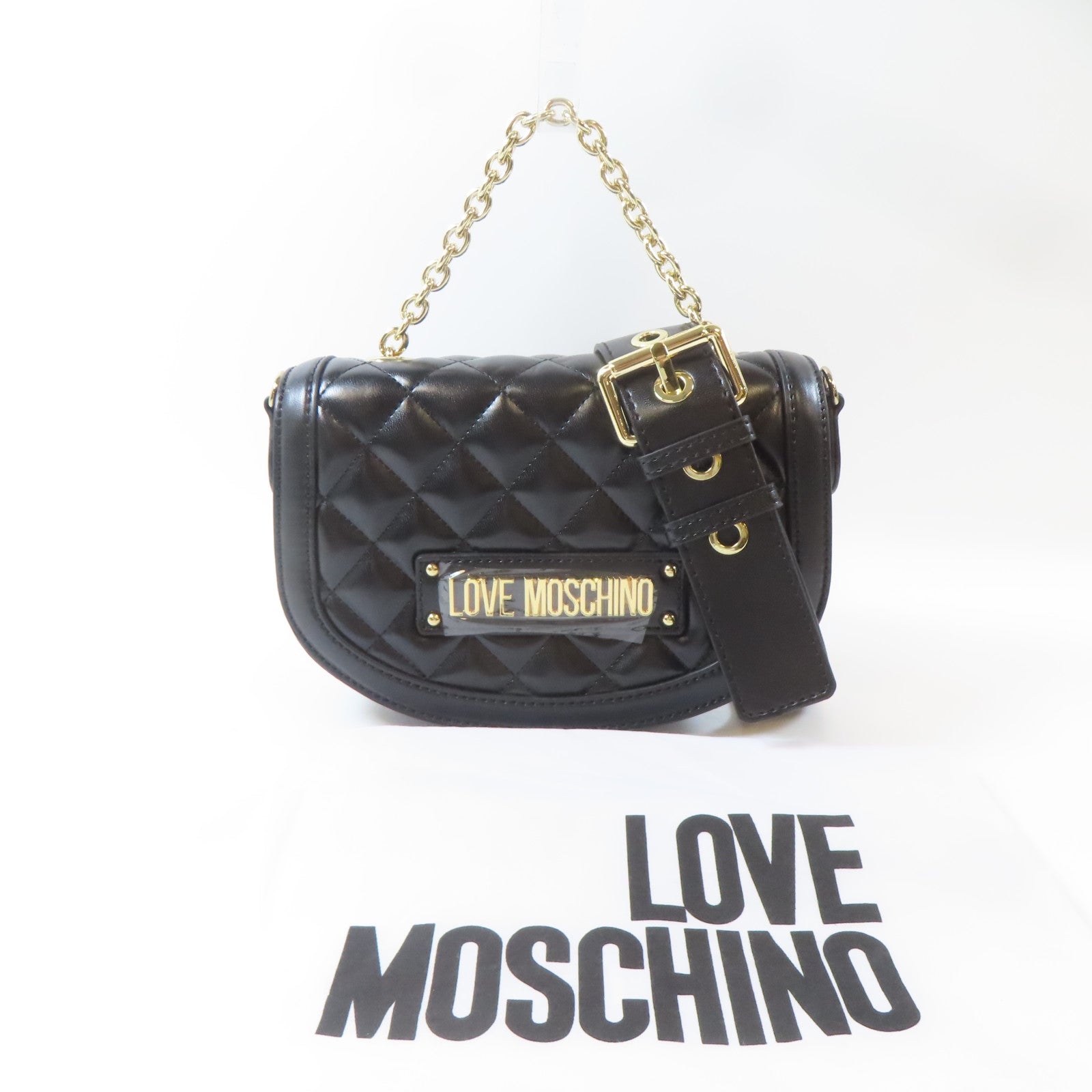 MOSCHINO 菱格塗層帆布2 Way Shoulder金扣手挽肩背兩用袋黑色