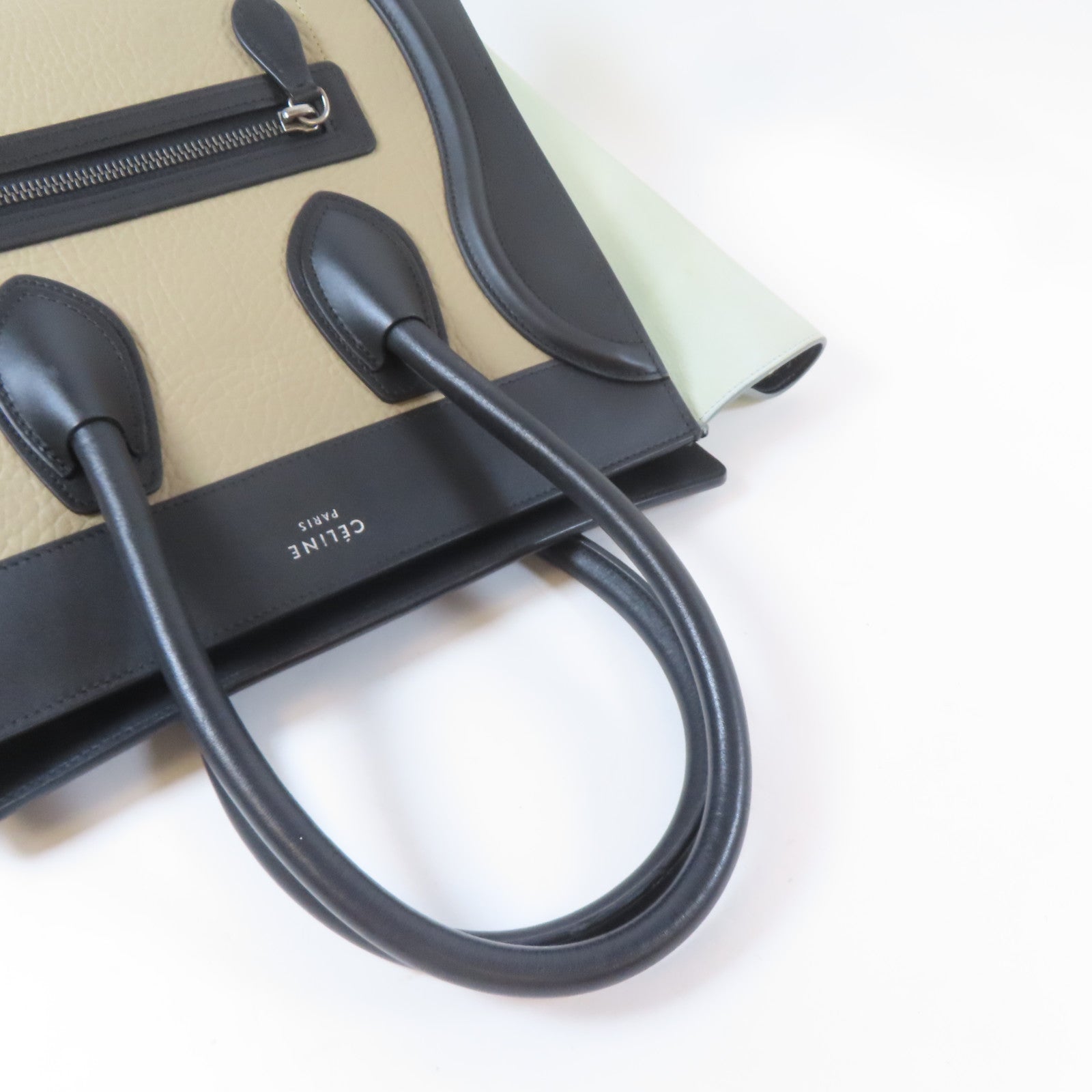 CELINE 牛皮皮革Micro Luggage銀扣手挽袋黑色/綠色
