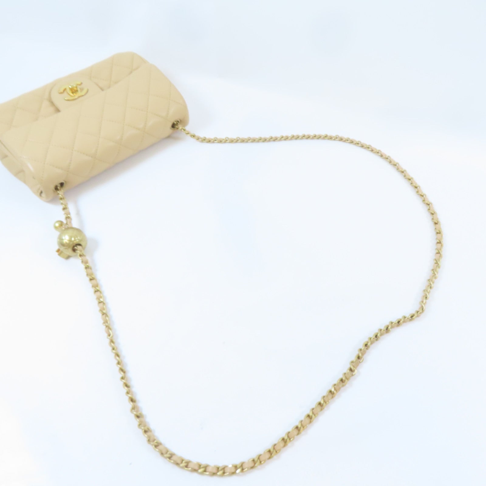 CHANEL 【激減優惠】菱格羊皮皮革Flap Bag金扣鏈帶肩背袋米色