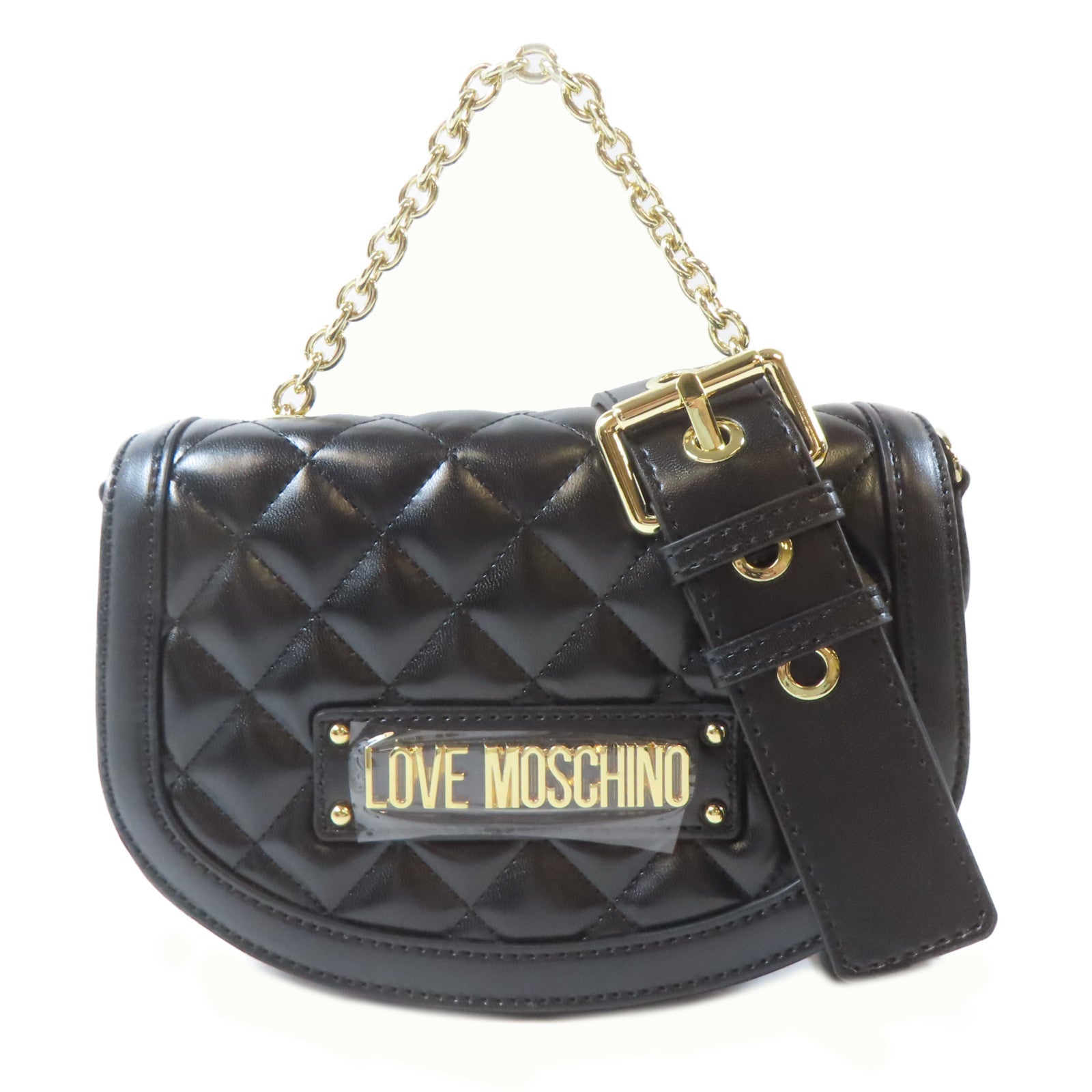 MOSCHINO 菱格塗層帆布2 Way Shoulder金扣手挽肩背兩用袋黑色