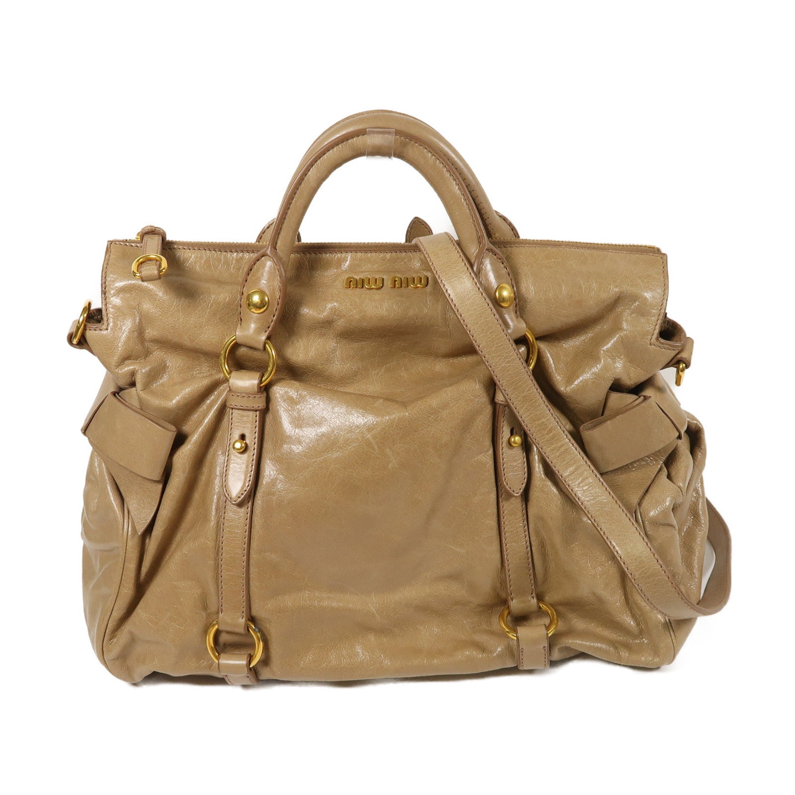 Miu Miu 牛皮皮革Vitello Lux金扣肩背袋棕色
