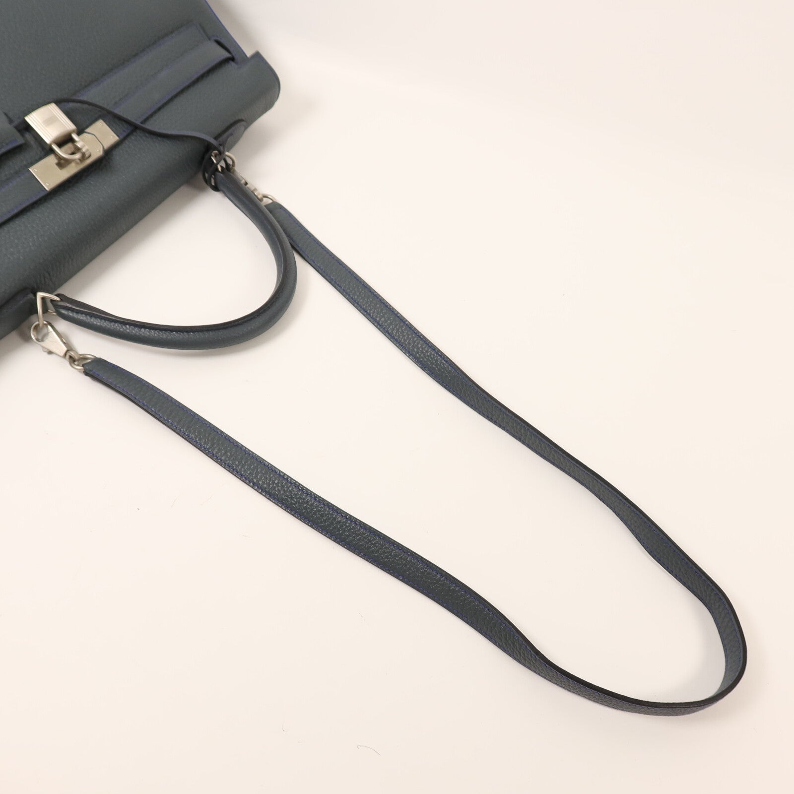 HERMES Clemence皮革Kelly 32銀扣手挽袋Bleu Orage/Bleu Electrique