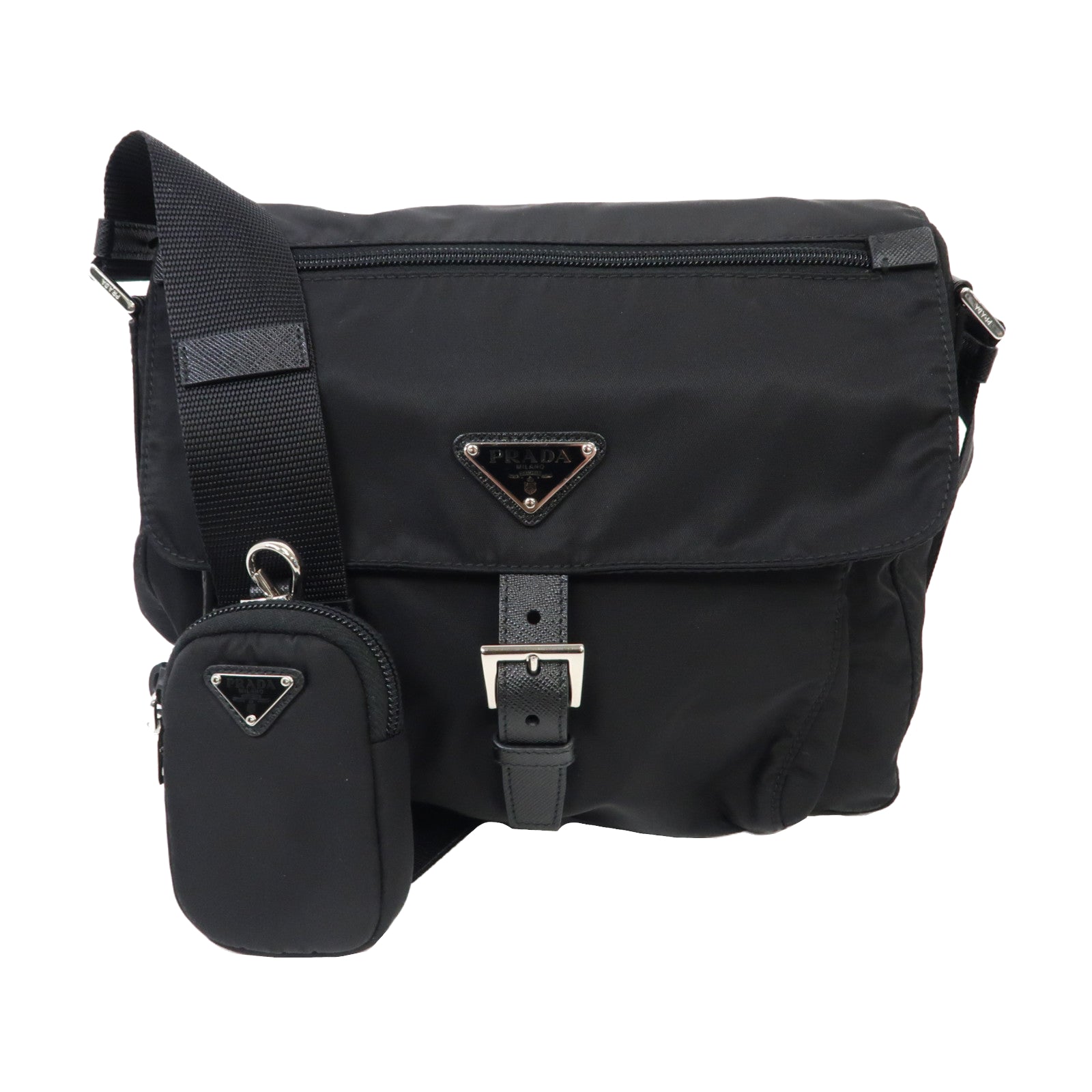 PRADA 尼龍Crossbody Shoulder Bag銀扣肩背袋黑色