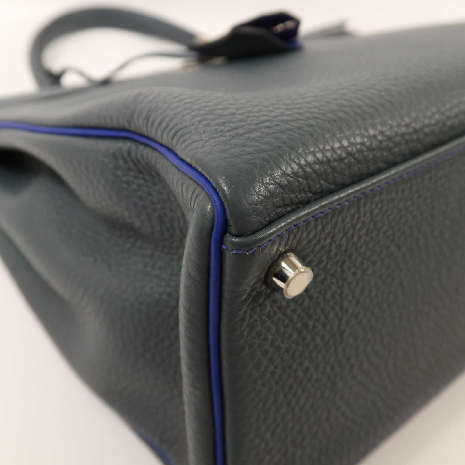 HERMES Clemence皮革Kelly 32銀扣手挽袋Bleu Orage/Bleu Electrique