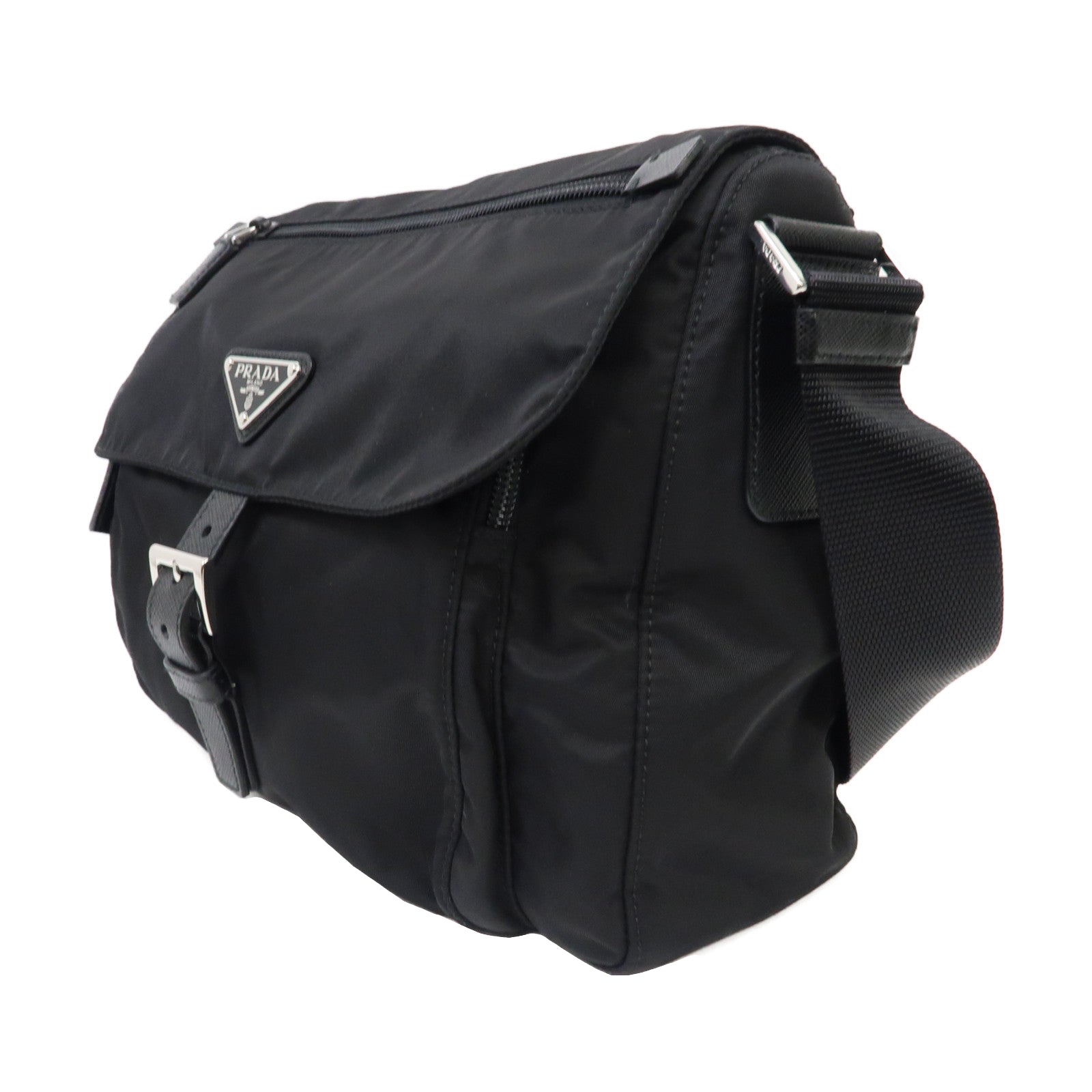 PRADA 尼龍Crossbody Shoulder Bag銀扣肩背袋黑色
