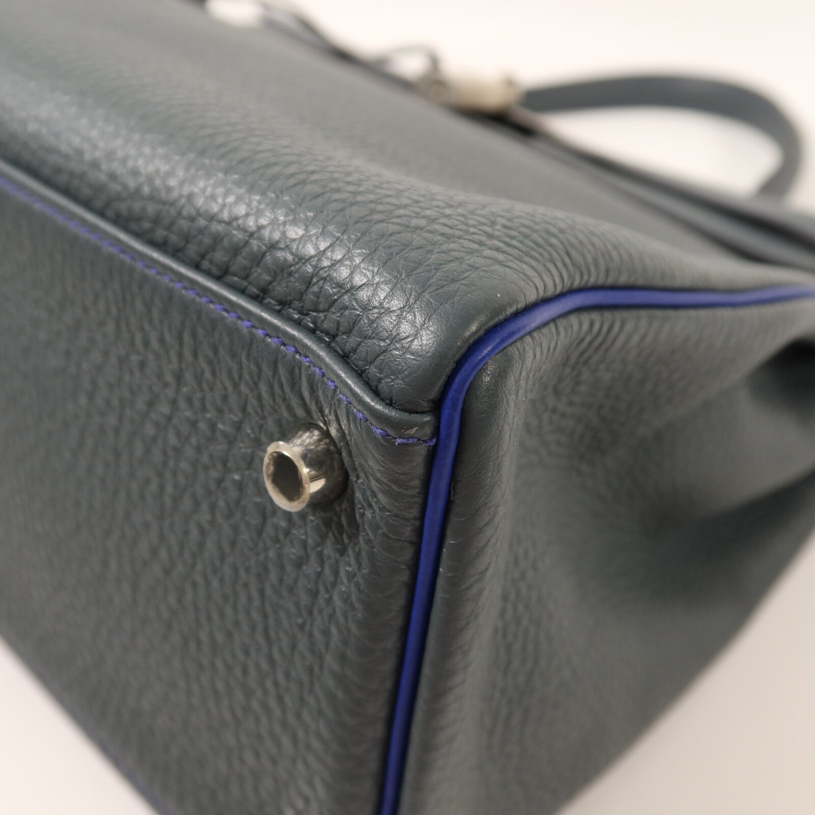 HERMES Clemence皮革Kelly 32銀扣手挽袋Bleu Orage/Bleu Electrique