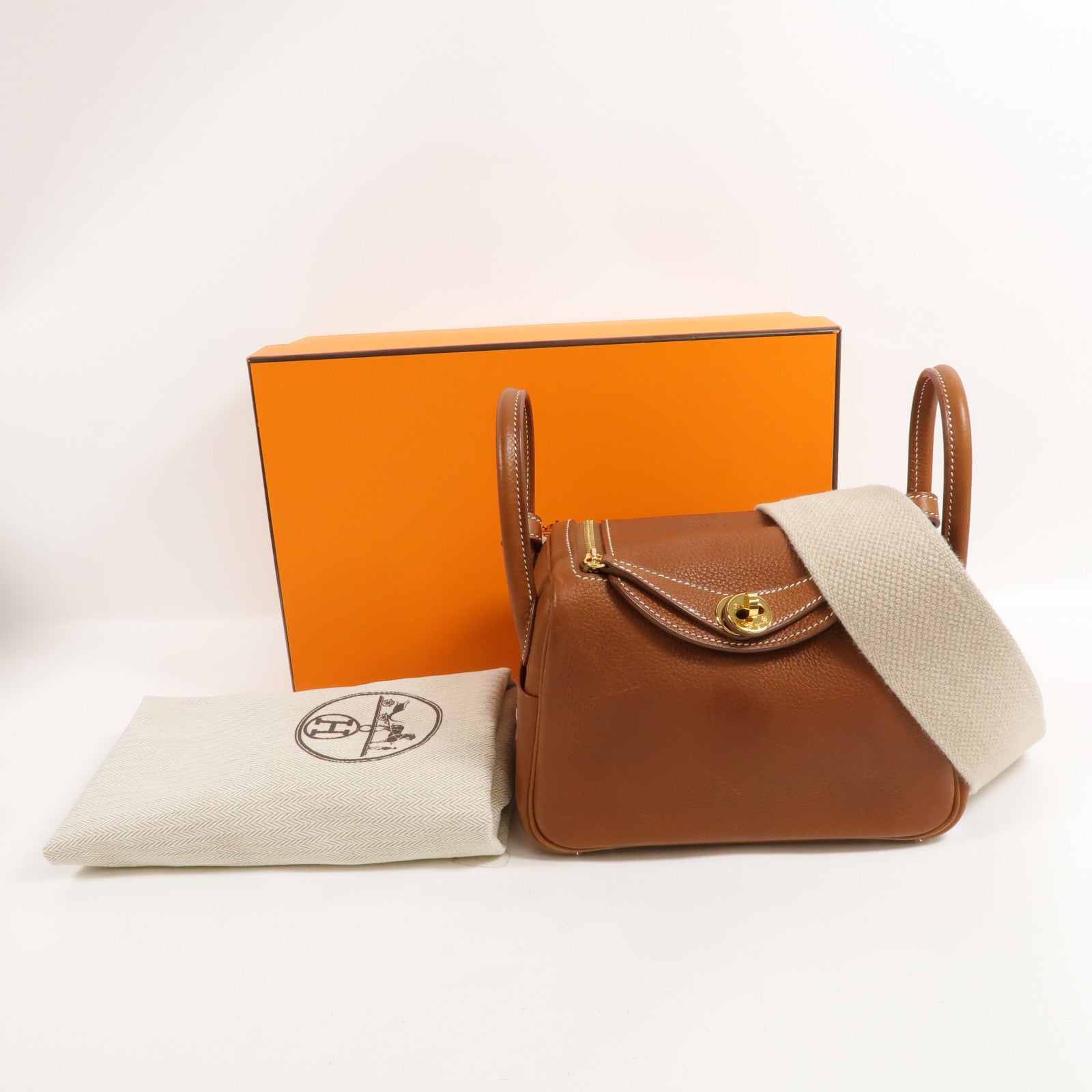 HERMES Barenia皮革Mini Lindy金扣手挽肩背兩用袋Fauve
