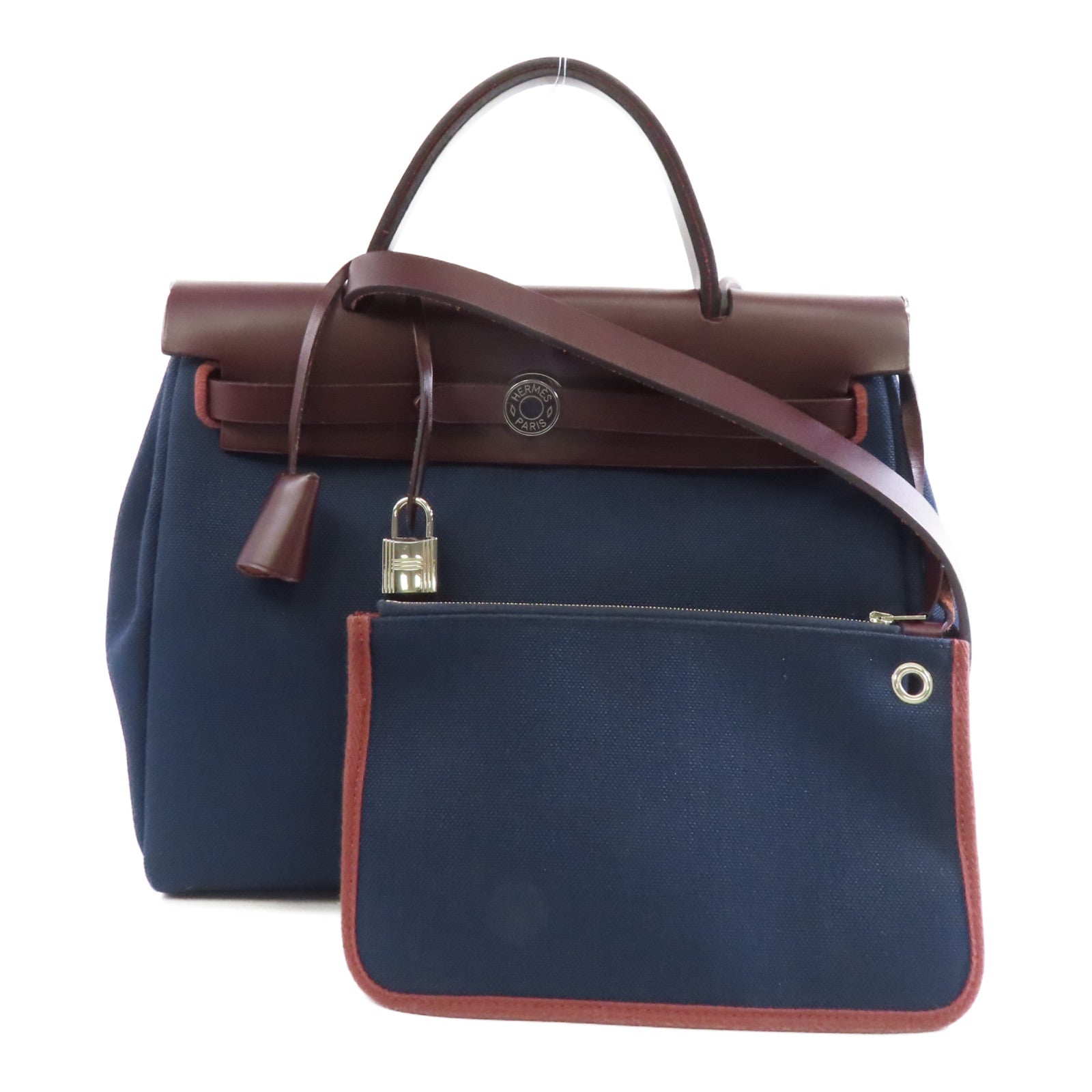 HERMES 帆布/皮革Herbag PM銀扣手挽肩背兩用袋Blue Marine深藍色