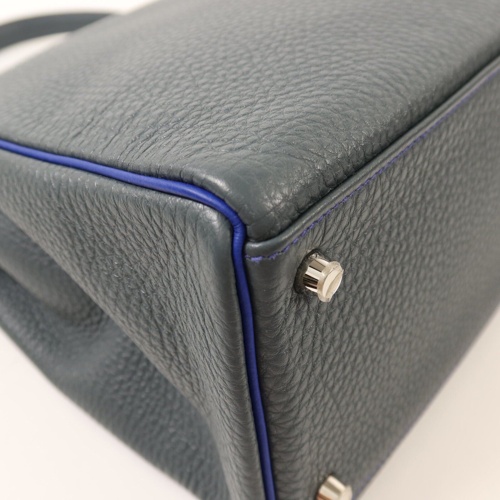 HERMES Clemence皮革Kelly 32銀扣手挽袋Bleu Orage/Bleu Electrique