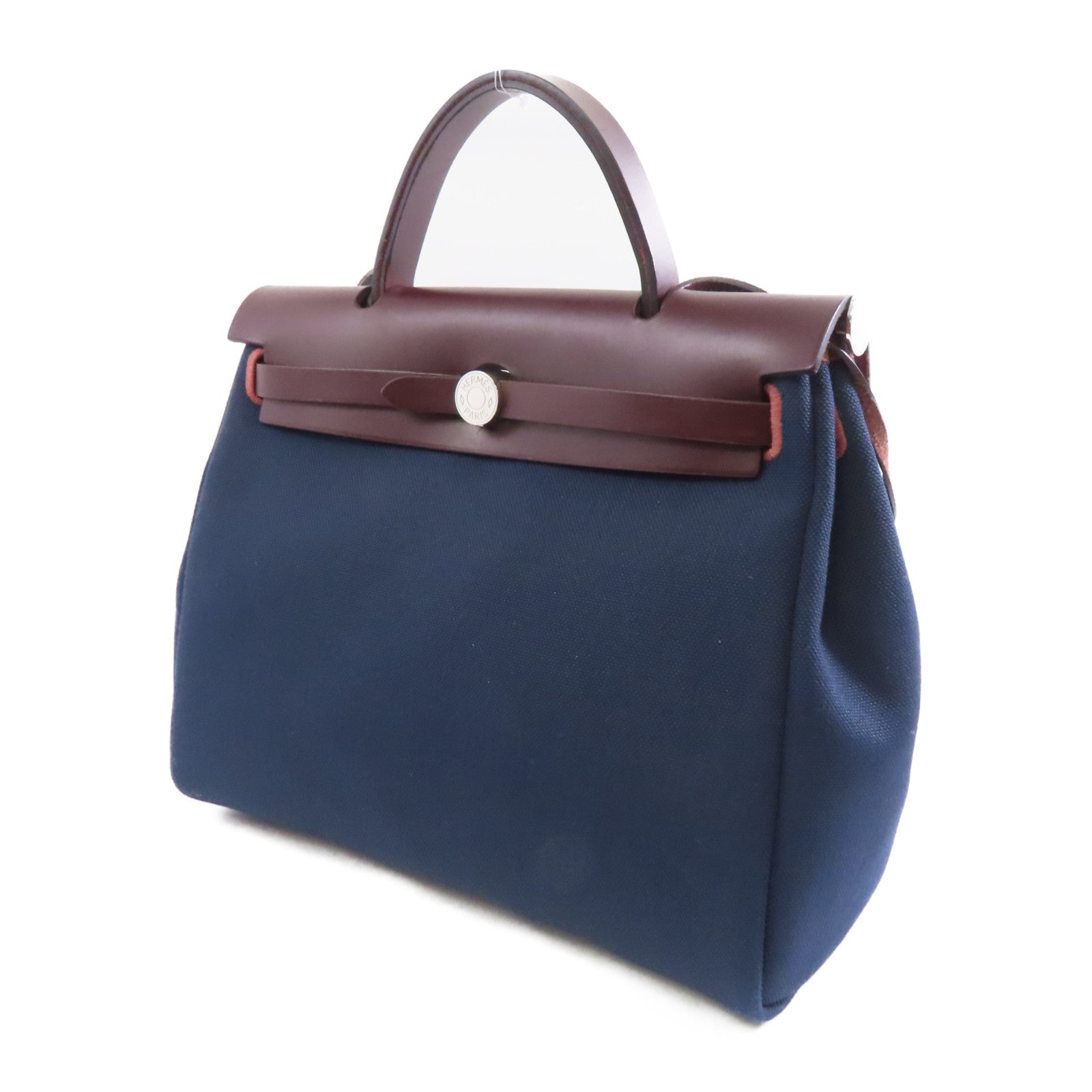 HERMES 帆布/皮革Herbag PM銀扣手挽肩背兩用袋Blue Marine深藍色