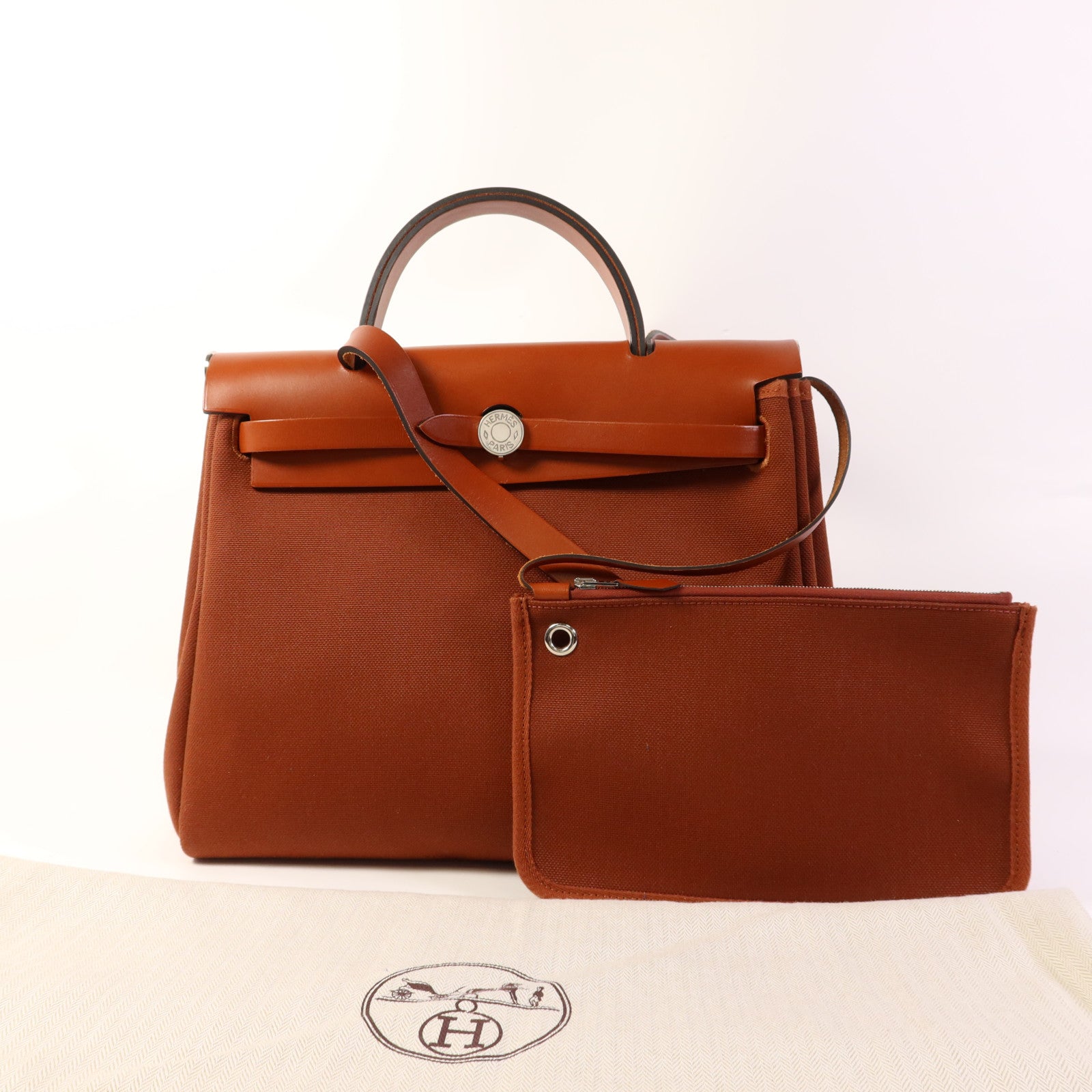 HERMES 帆布Herbag PM銀扣手挽肩背兩用袋Brique