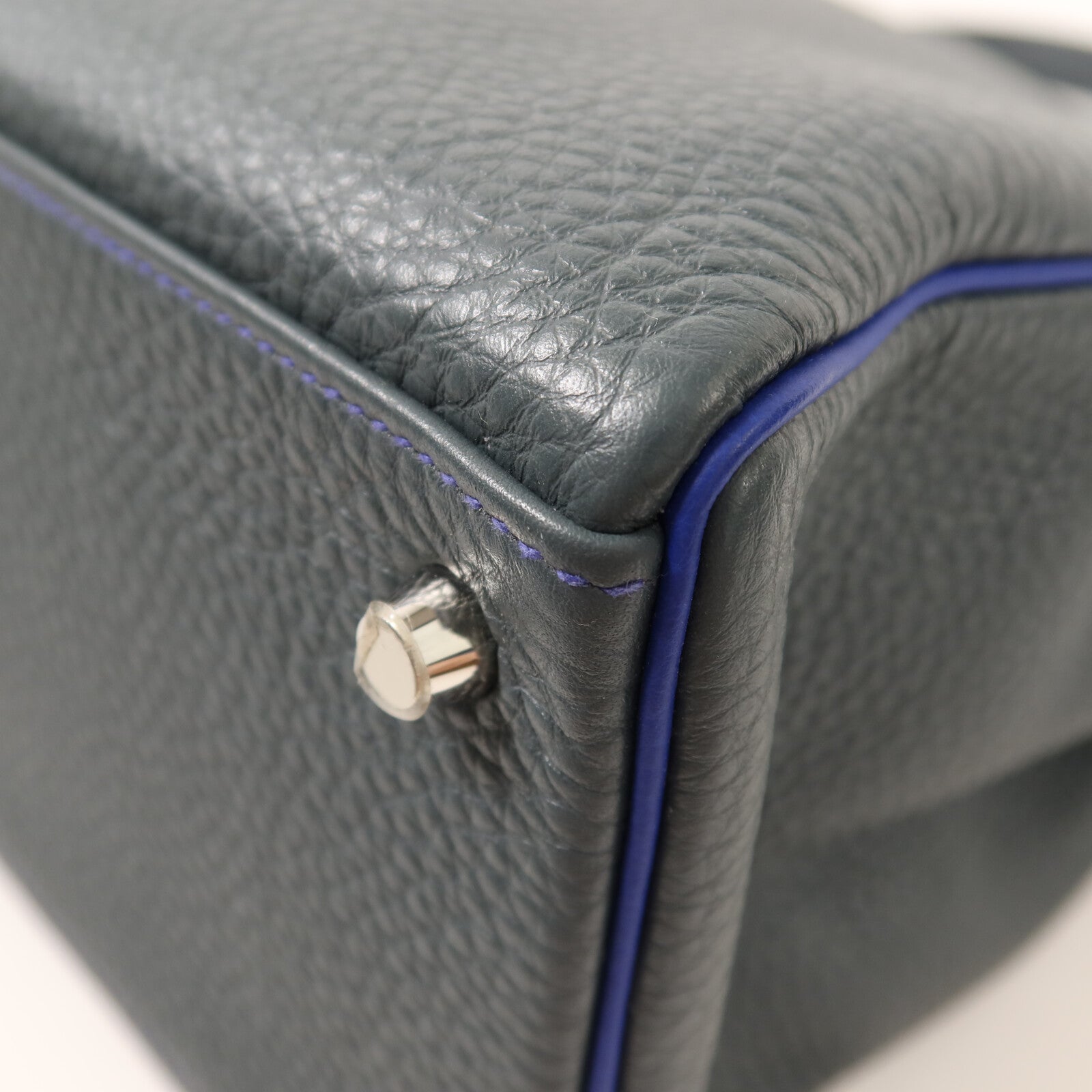 HERMES Clemence皮革Kelly 32銀扣手挽袋Bleu Orage/Bleu Electrique