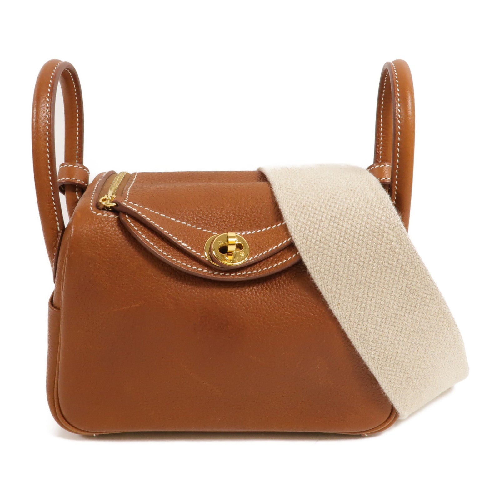 HERMES Barenia皮革Mini Lindy金扣手挽肩背兩用袋Fauve