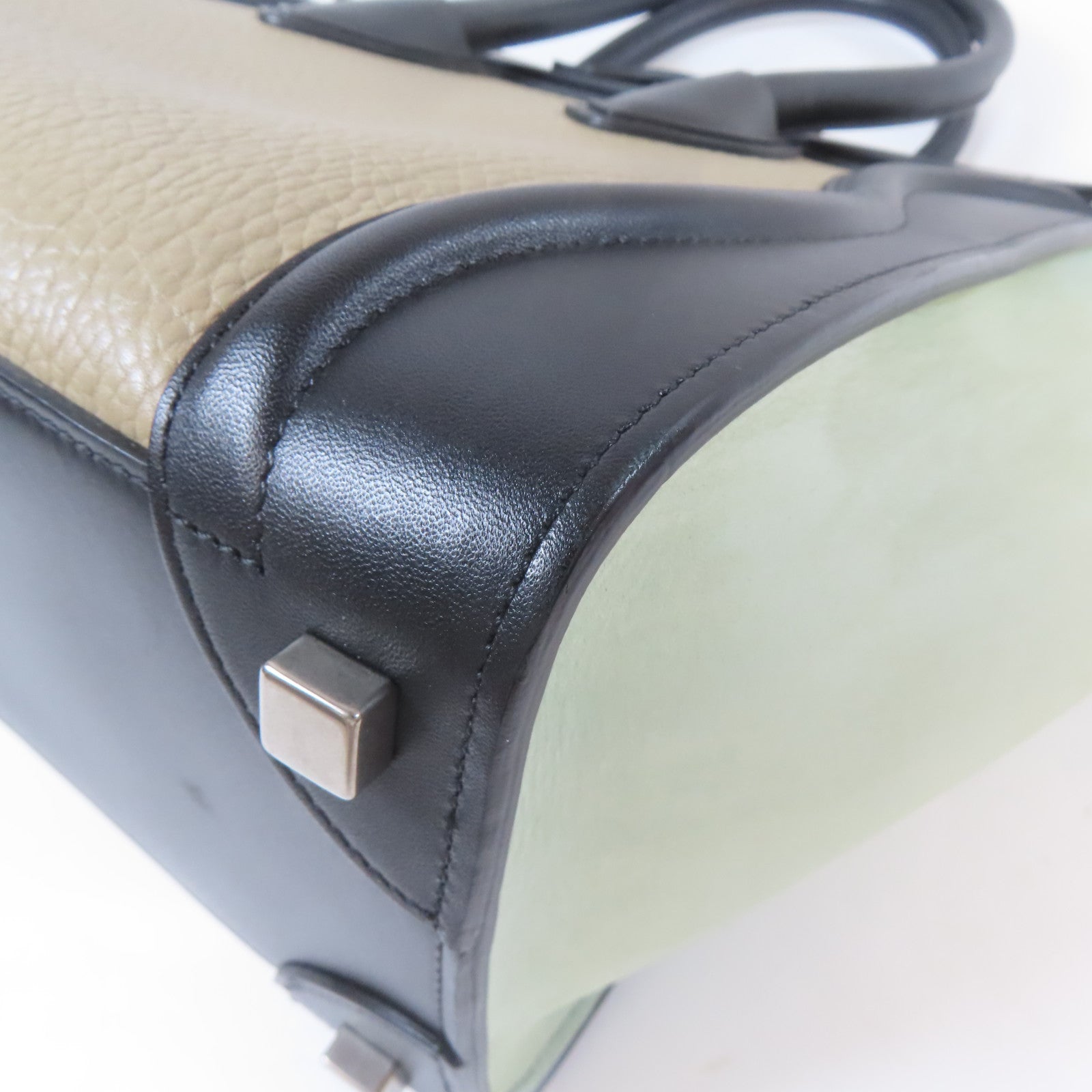 CELINE 牛皮皮革Micro Luggage銀扣手挽袋黑色/綠色