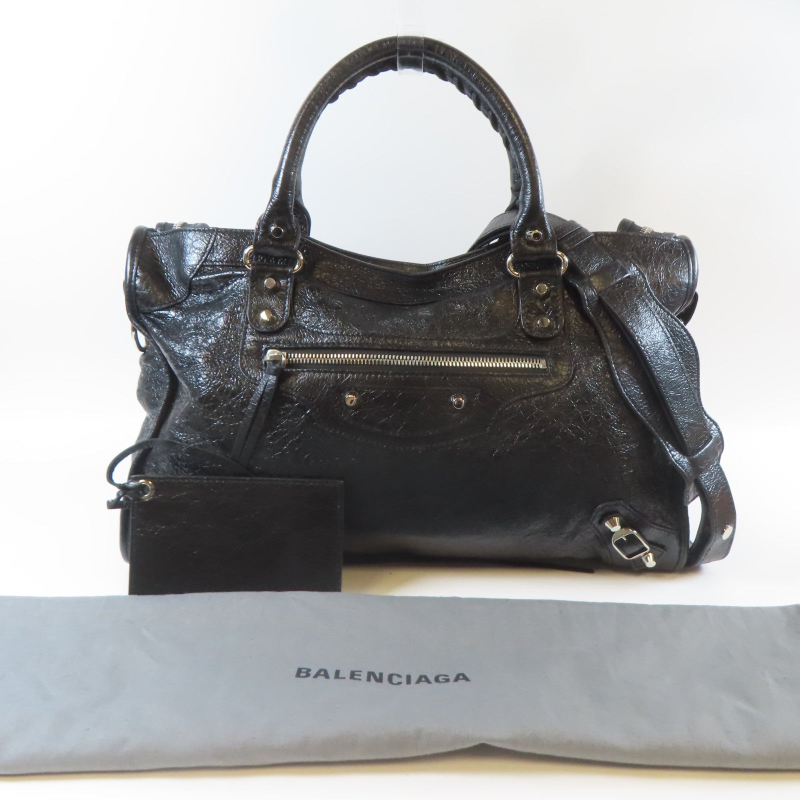 BALENCIAGA 牛皮皮革Shoulder Bag銀扣手挽肩背兩用袋黑色