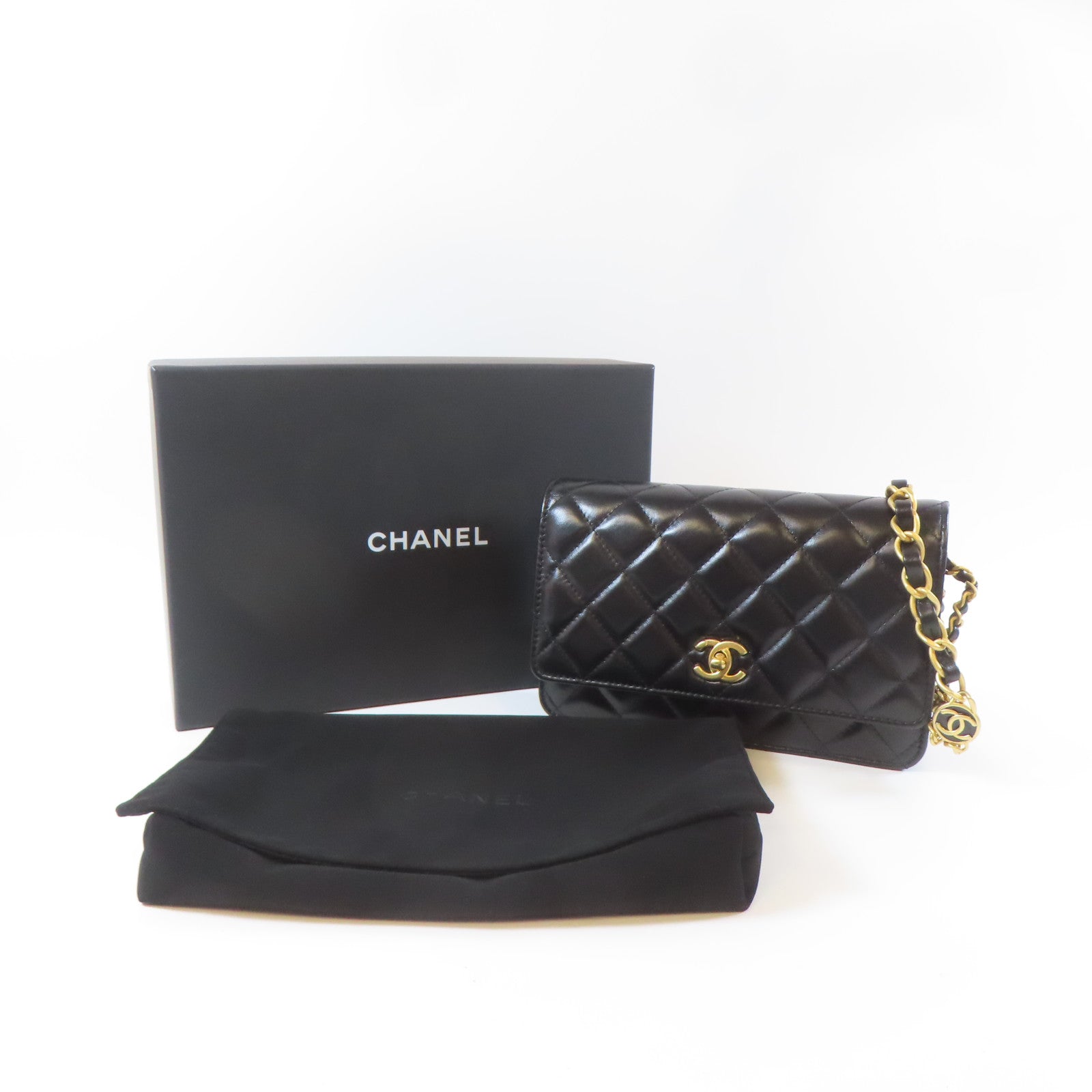 CHANEL 菱格羊皮皮革Wallet On Chain金扣鏈帶肩背袋黑色