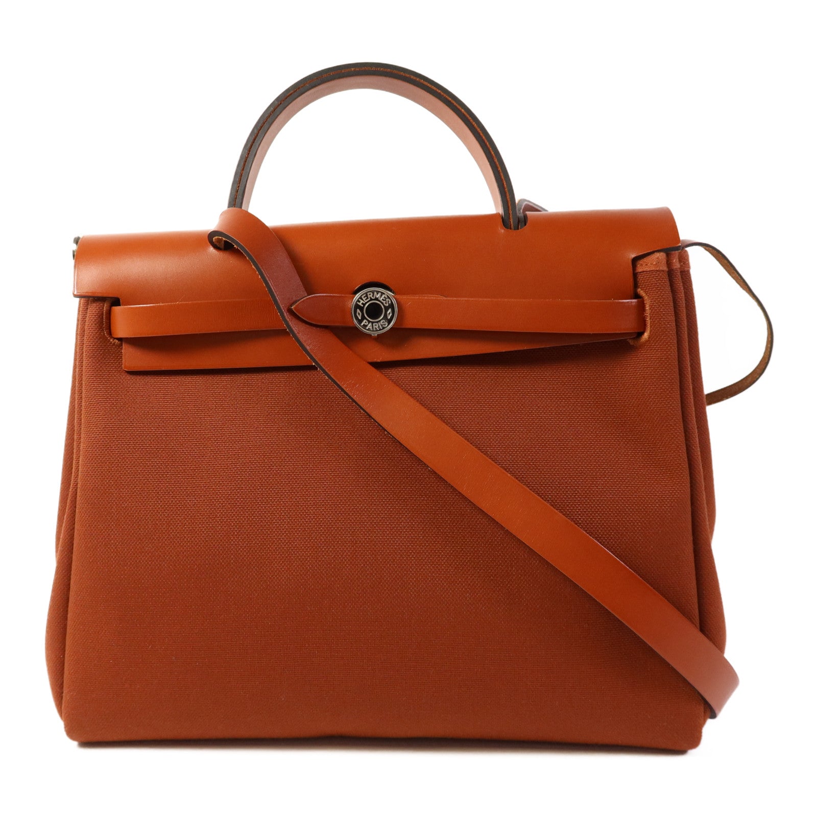 HERMES 帆布Herbag PM銀扣手挽肩背兩用袋Brique