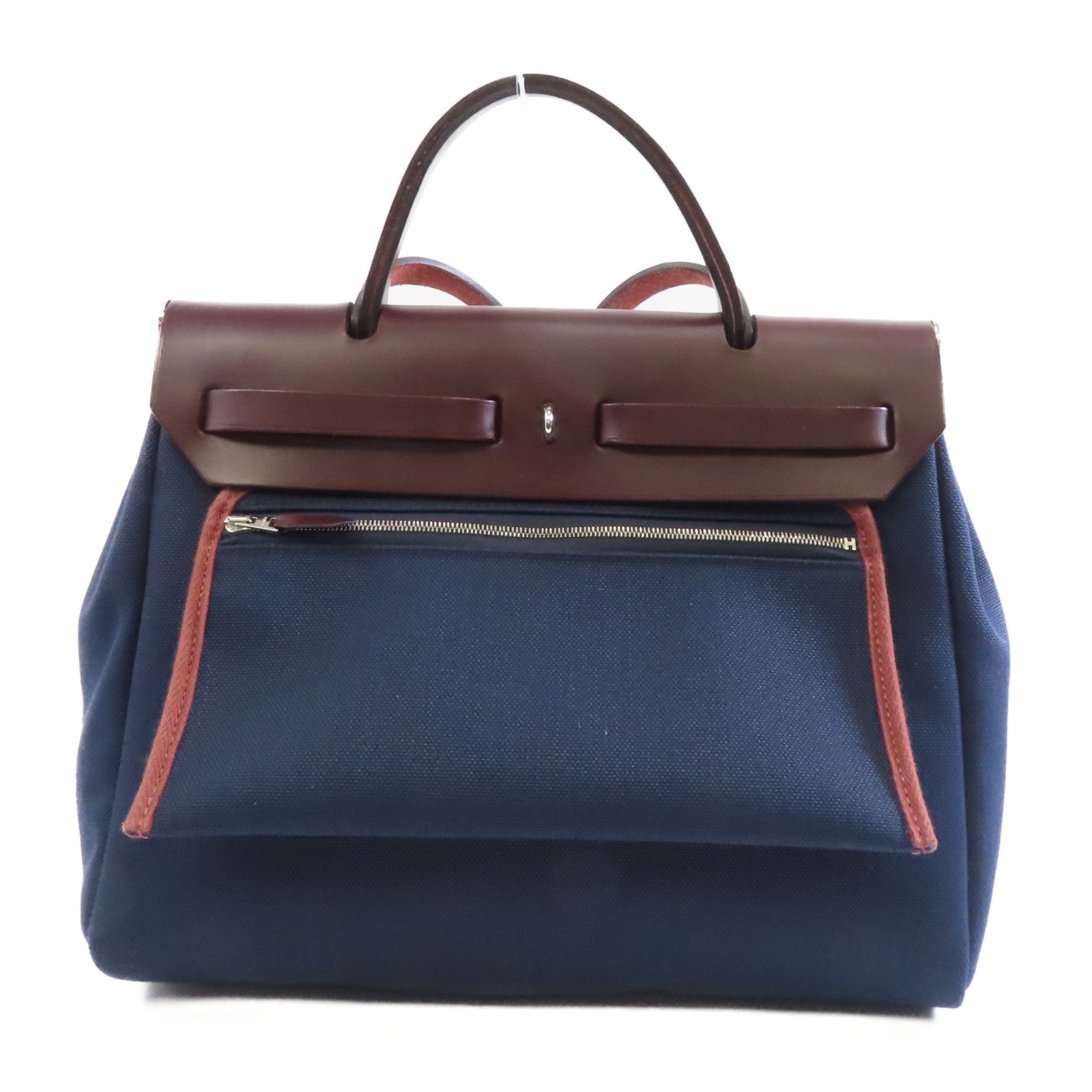 HERMES 帆布/皮革Herbag PM銀扣手挽肩背兩用袋Blue Marine深藍色