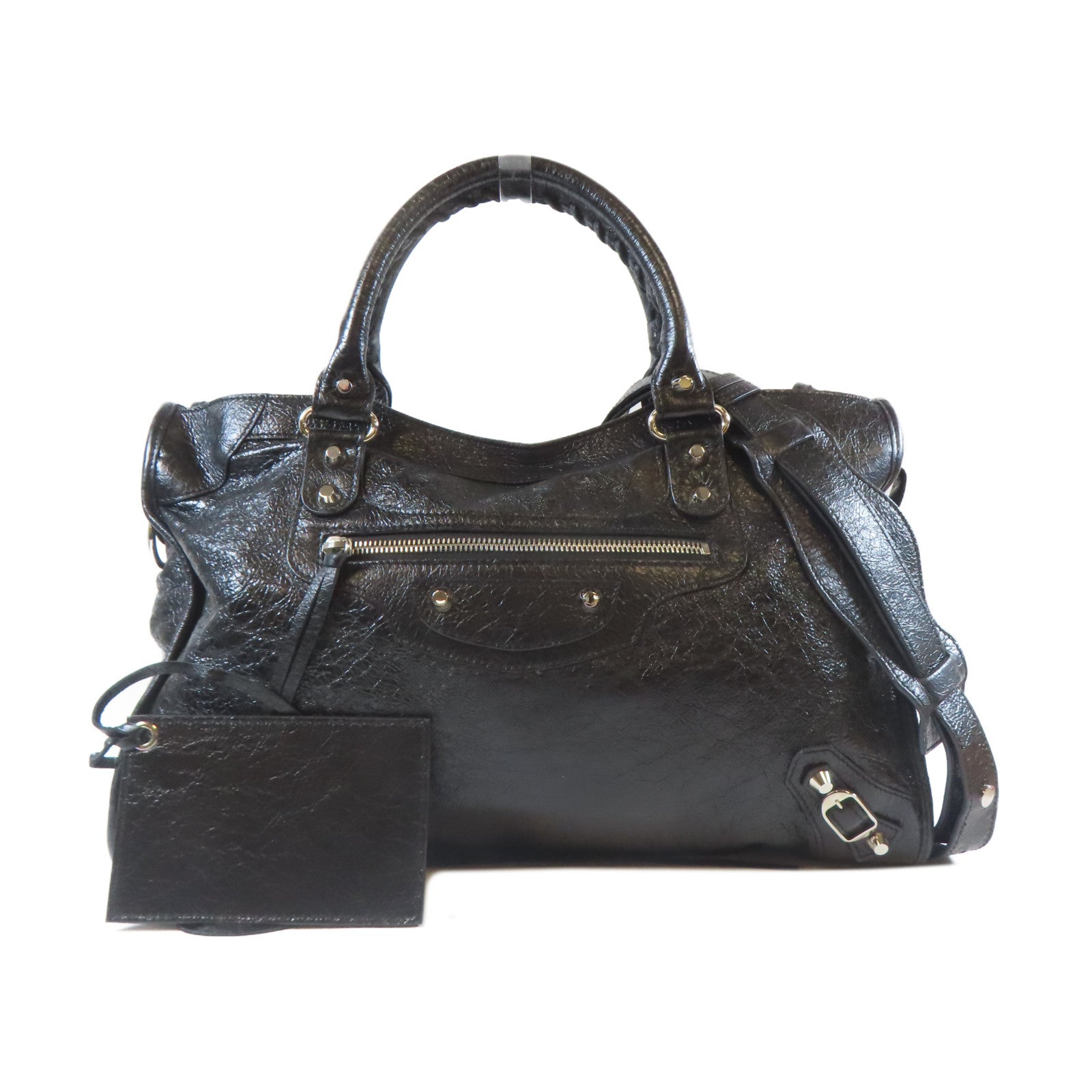 BALENCIAGA 牛皮皮革Shoulder Bag銀扣手挽肩背兩用袋黑色