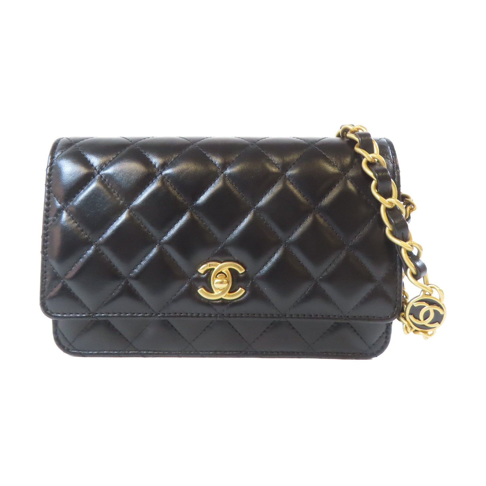 CHANEL 菱格羊皮皮革Wallet On Chain金扣鏈帶肩背袋黑色